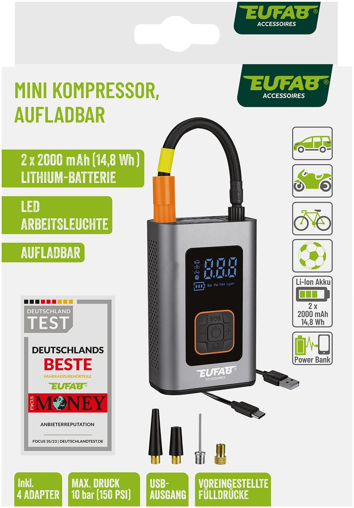 EUFAB Akku-Handkompressor, (4 tlg.)