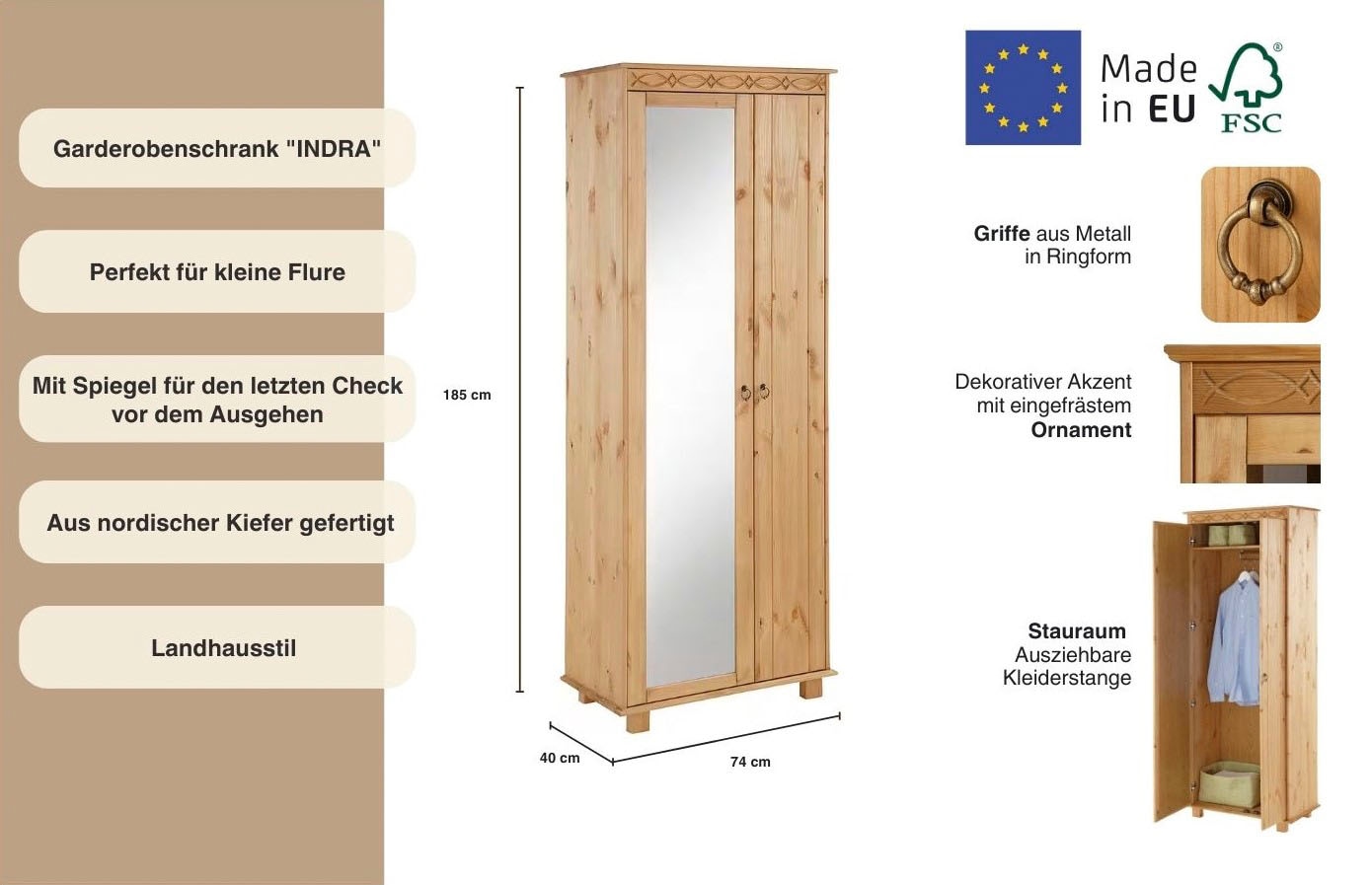 Home affaire Garderobenschrank »Indra«, aus massiver Kiefer, mit Spiegel, dezentes Ornament
