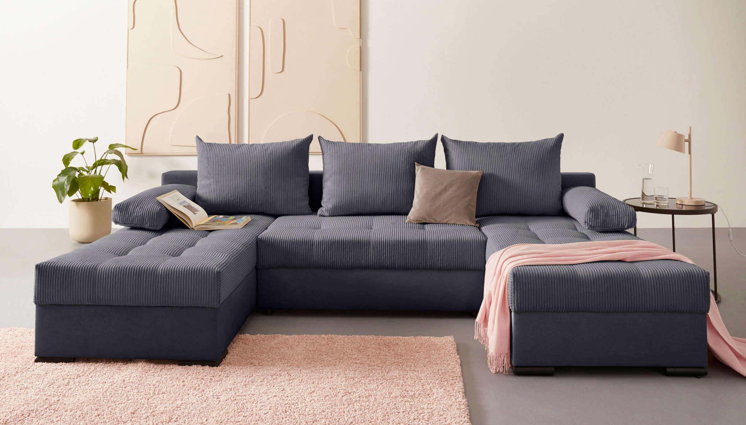 COLLECTION AB Wohnlandschaft »Josy U-Form, Breite 269 cm, Flachgewebe, Struktur, Cord & Cord/Mix«, (Cord-/Mix), inkl. Bettfunktion, Bettkasten, mit 3 gleich großen Rückenkissen