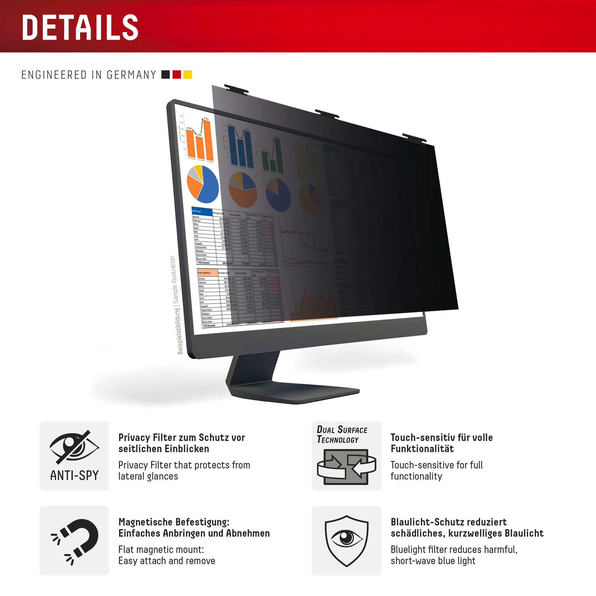 Displex Displayschutzfolie »Privacy Safe Blickschutzfilter«, für Universell für Monitore mit 22 (16:10), Blickschutzfolie, Schutzfolie, Bildschirmschutz, kratz- & stoßfest
