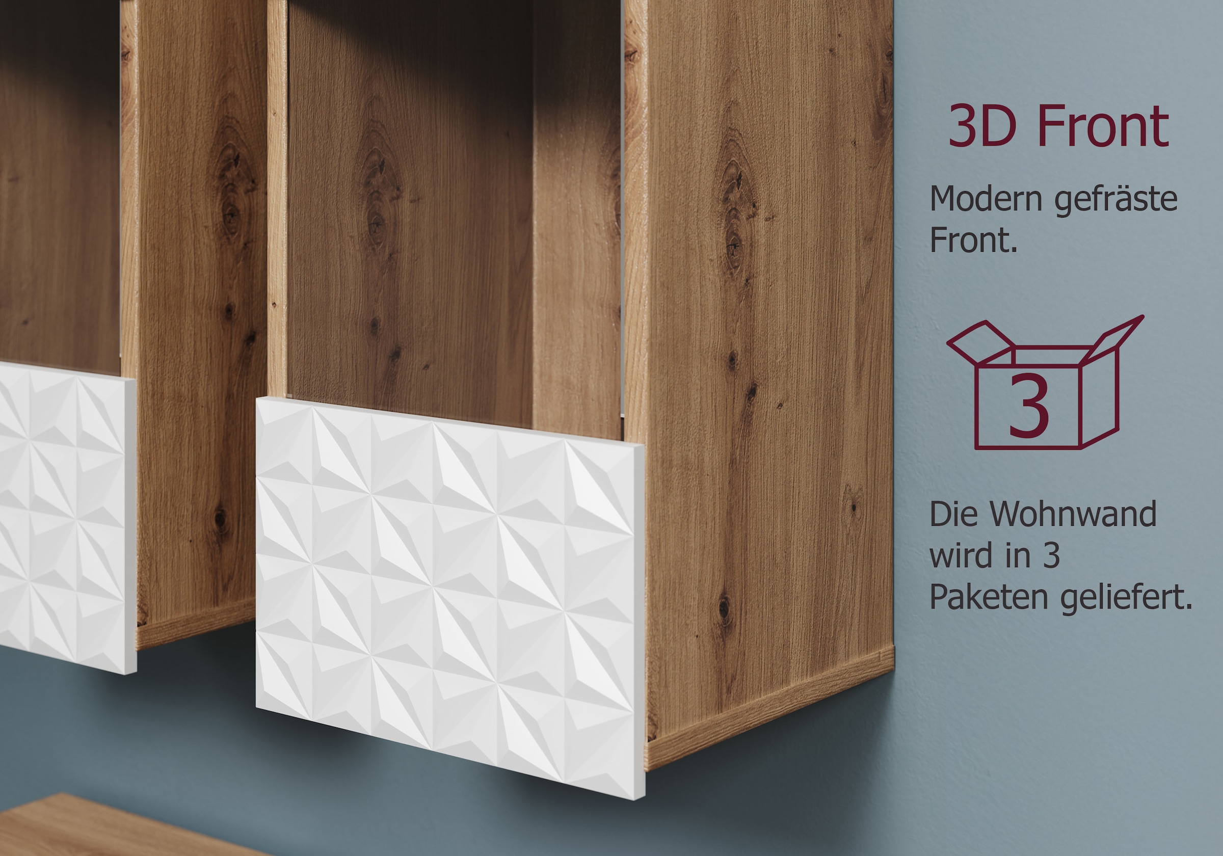 INOSIGN Wohnwand »Rezzo, 2 Hängevitrinen mit Relief-Front, 2 Lowboards je Br. 120 cm«, (Komplett-Set, 4 St.), insgesamt Br. 240 cm, Montage stehend oder hängend