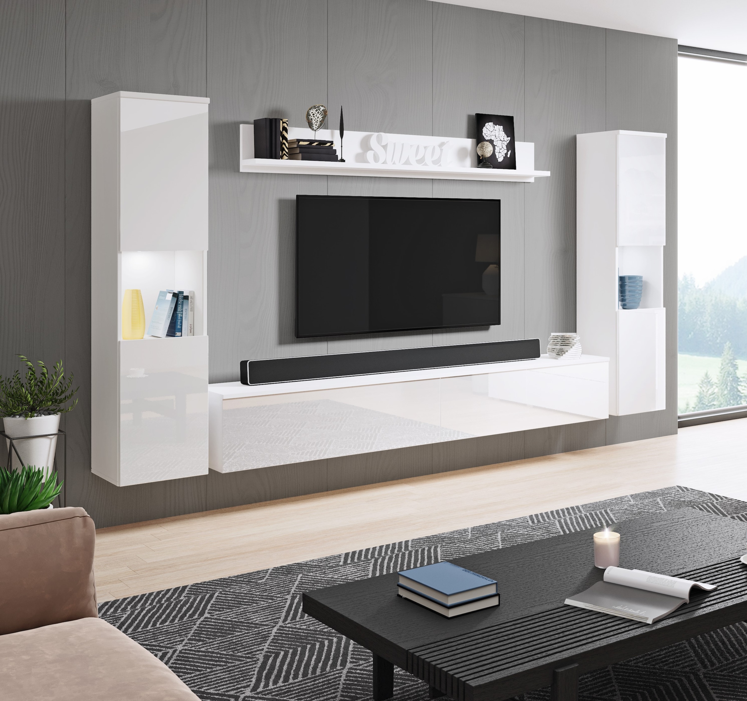 INOSIGN Wohnwand »PARIS«, (Komplett-Set, 4 St.), TV-Wand 260cm breite, grifflose Design, stehend und hängend montierbar