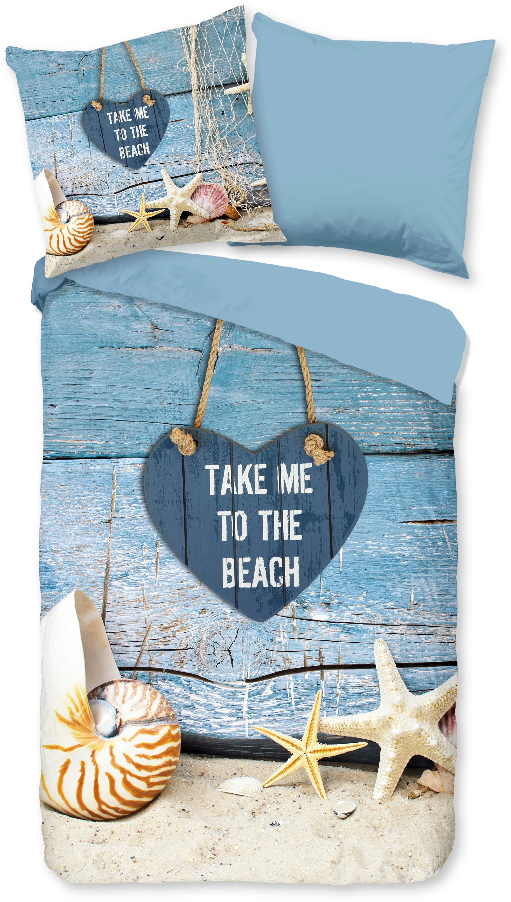 PURE luxury collection Wendebettwäsche »Beach heart«, Mikrofaser, 135x200, Pflegeleicht, Reißverschluss, Wende, Strand, Blau