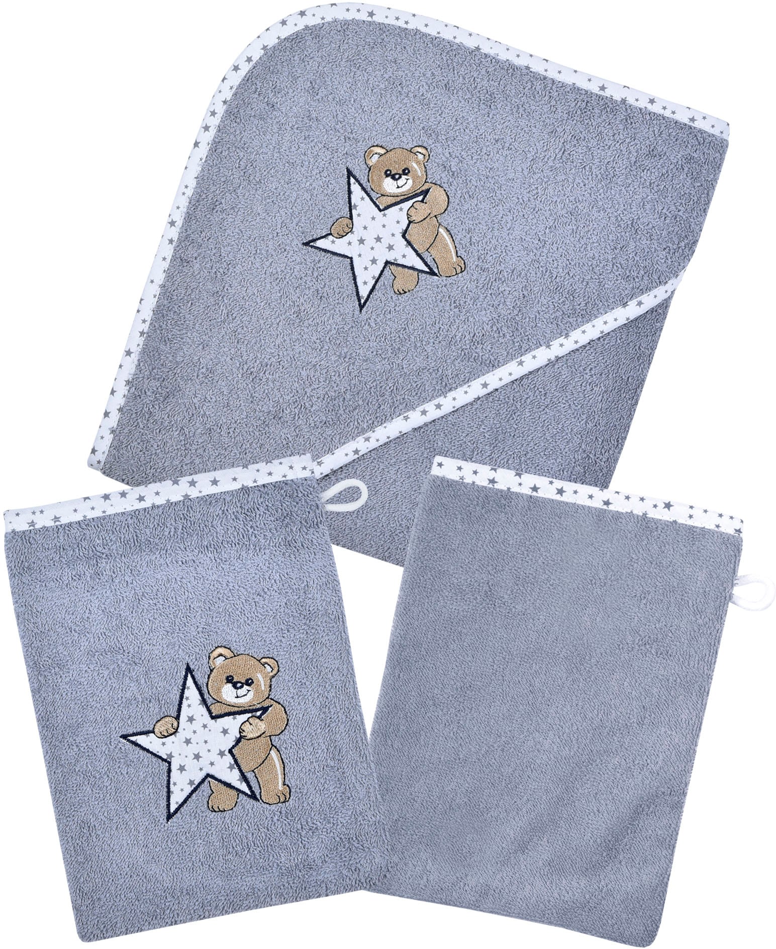 Wörner Handtuch Set »Teddy/Stern Kapuzenbadetuch mit 2 Waschhandschuhen«, (Spar-Set, 3 St.), mit süßer Teddystickerei