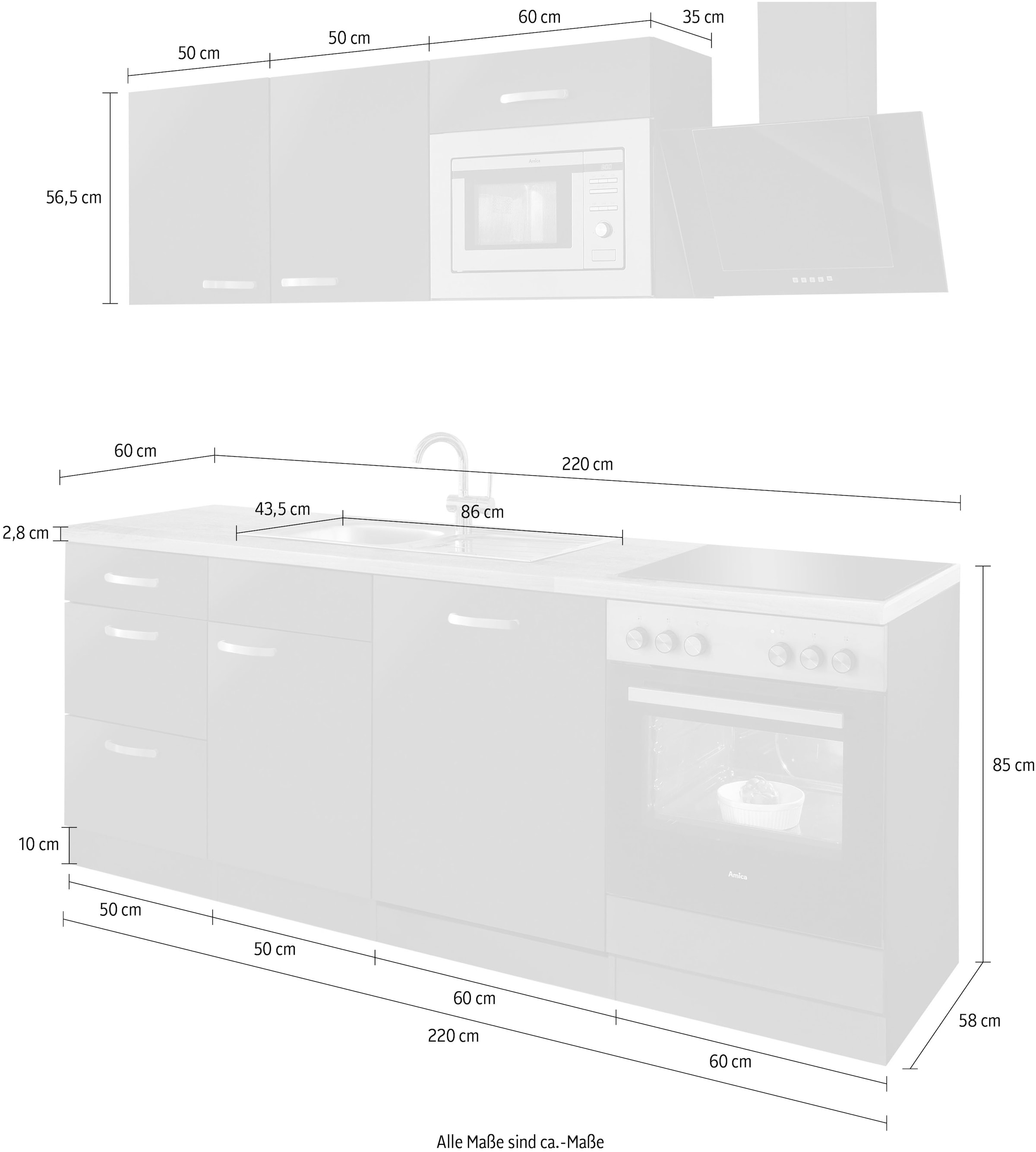 wiho Küchen Küchenzeile »Kansas«, mit E-Geräten, Breite 220 cm
