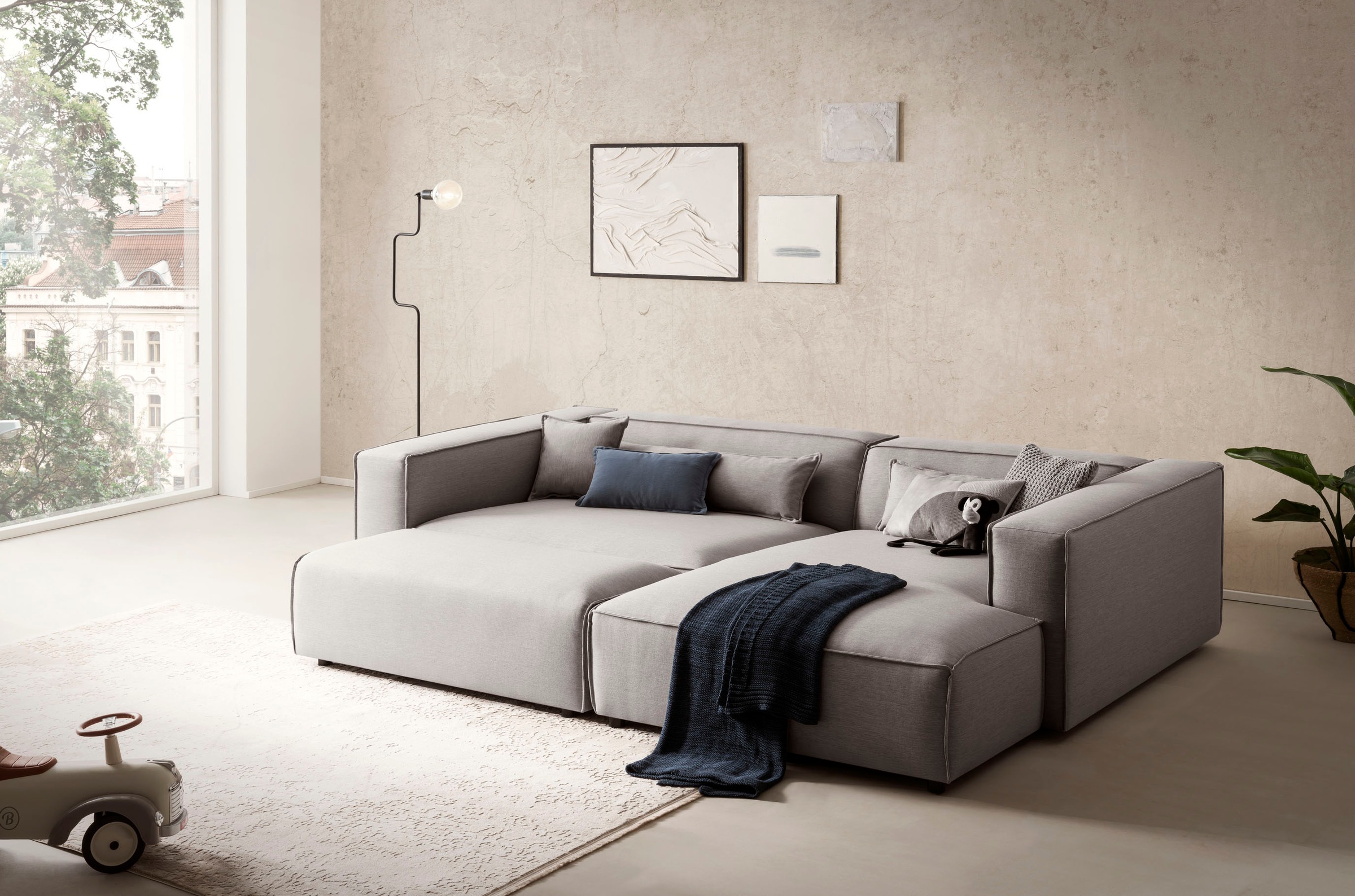 LeGer Home by Lena Gercke Polsterecke »PIARA XXL, L-Form mit Schlaffunktion, Big-Sofa in Cord o. Leinenoptik«, Hocker stellbar zum Schlafsofa (Krokodilverbinder), tiefe Sitzfläche