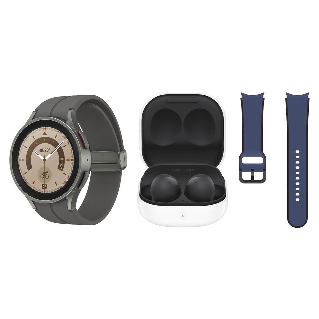 Samsung Smartwatch »Set: Galaxy Watch5 Pro + Buds2 Black + Band Navy«, (Wear OS by Google Lifestyle Edition)