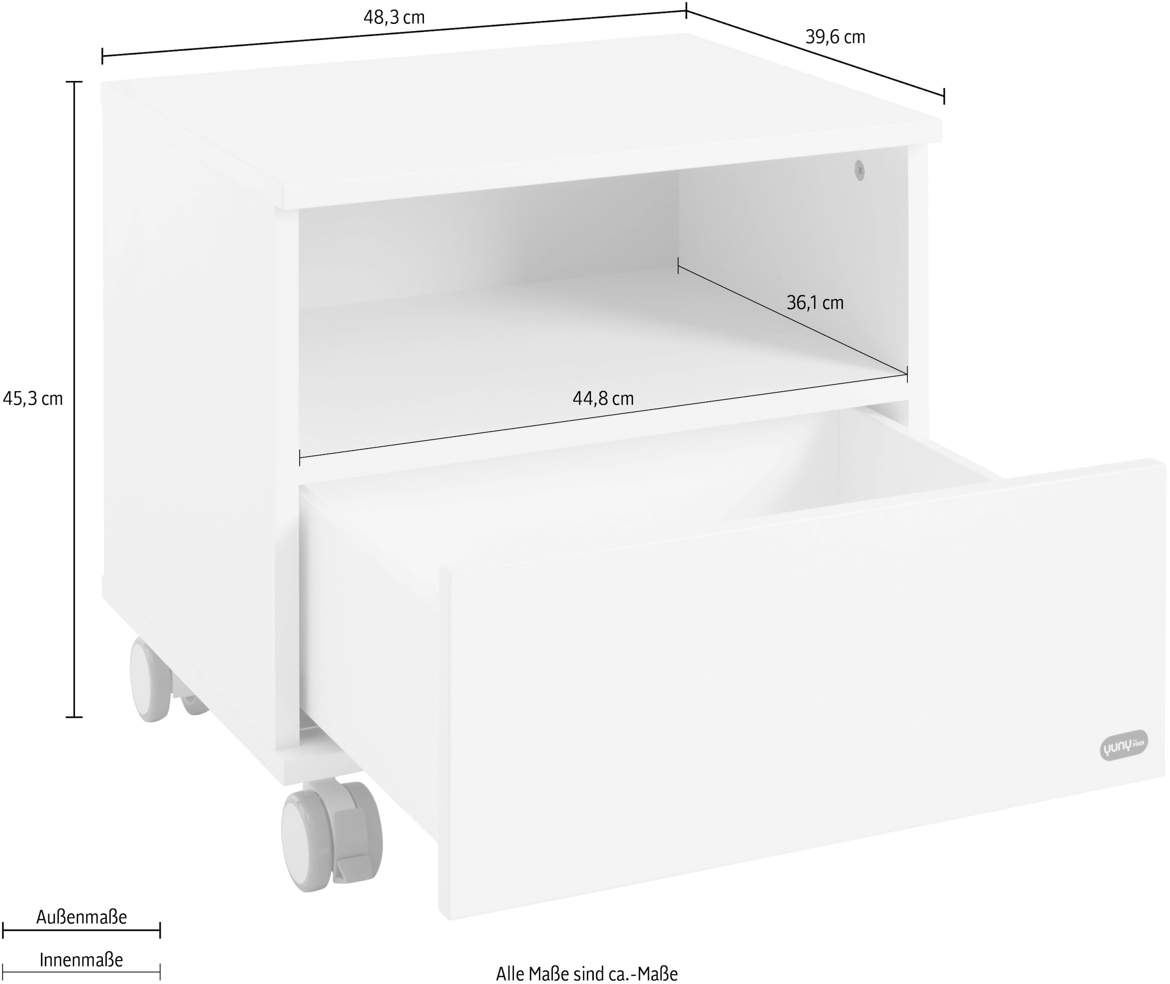 YUNY by PAIDI Nachtkommode »LOVELY ALIV mit Ablagefach und Schublade«, (B/H/T ca. 48x45x40cm, Off-White), feststellbarer Rollcontainer, Soft-Close