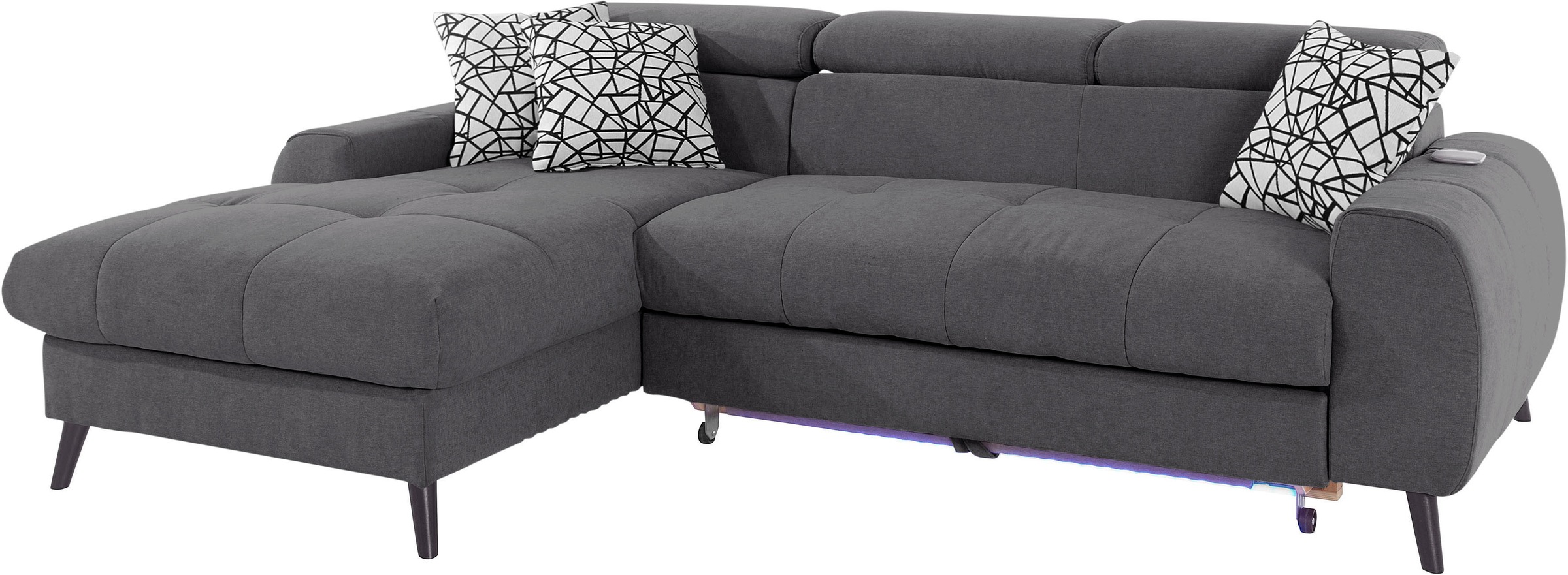 COTTA Ecksofa »Mia L-Form mit 3 Zierkissen«, wahlweise mit Bettfunktion, Bettkasten, Beleuchtung & Wireless-Charger