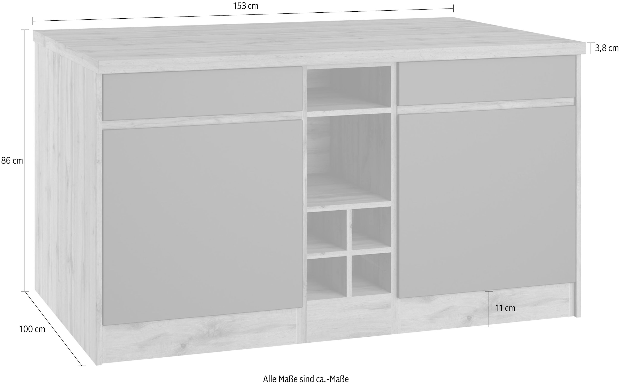 KOCHSTATION Kochinsel »KS-Riesa«, Breite 153 cm, Tiefe 100 cm, MDF-Fronten