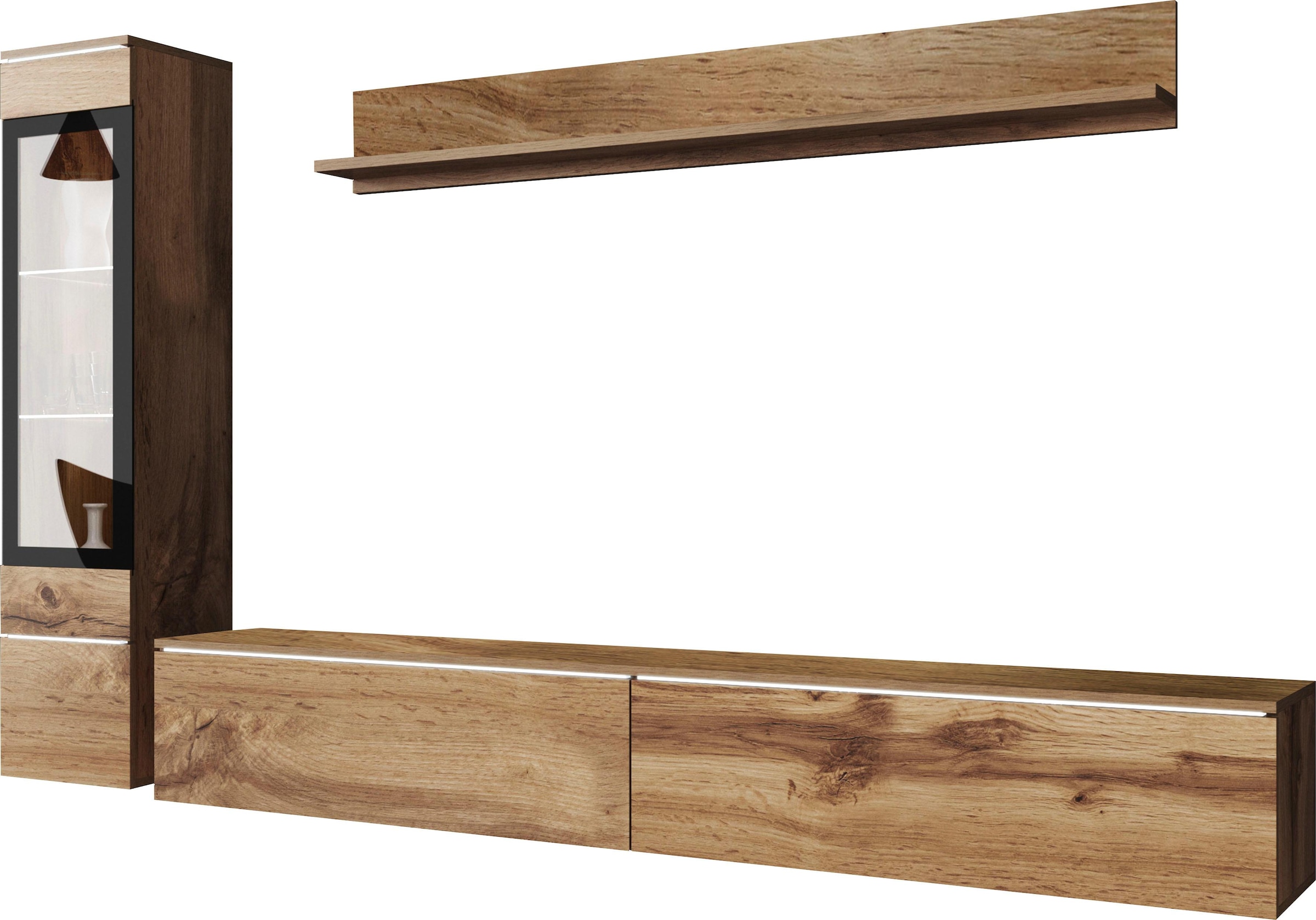 INOSIGN Wohnwand »VERA I, Vitrinen Türanschlag links/rechts wechselbar«, (Komplett-Set, 3 St.), Mediawand 230 cm, Vitrine mit Verglasung, stehend und hängend
