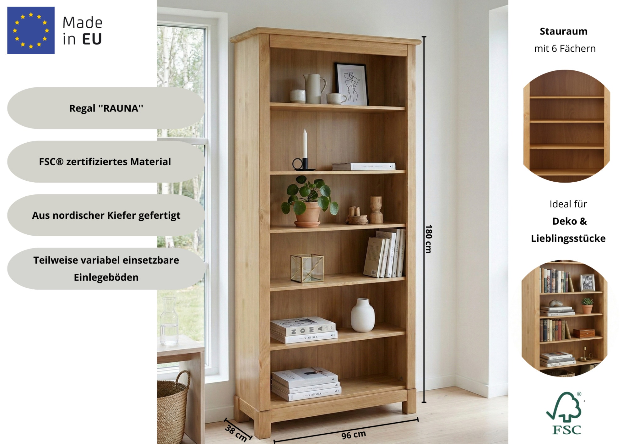 OTTO home Bücherregal »Rauna« aus massiver Kiefer, Breite 96 cm, FSC® zertifiziert