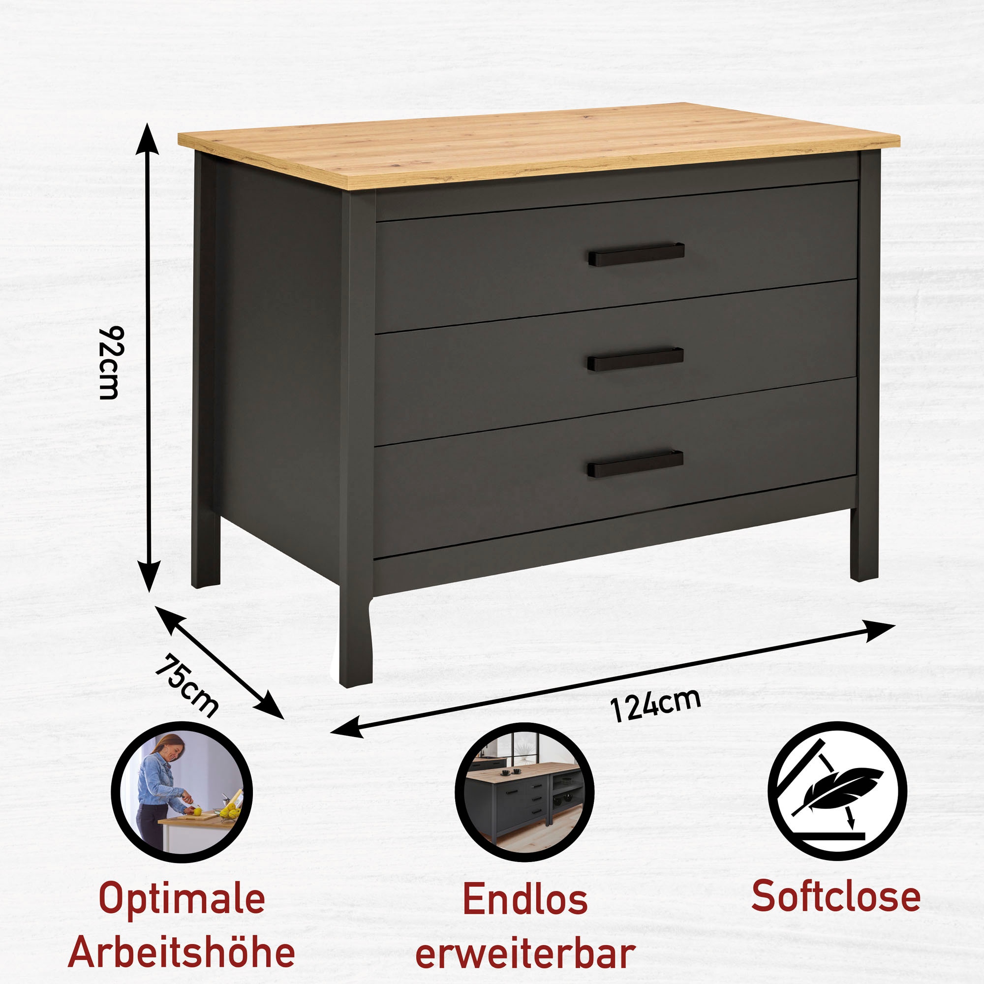 Inter Link Kücheninsel »Kücheninsel Piazza Nero« Schubladen, herausnehmbare Regalböden, Soft-Close, 124x75x91 cm