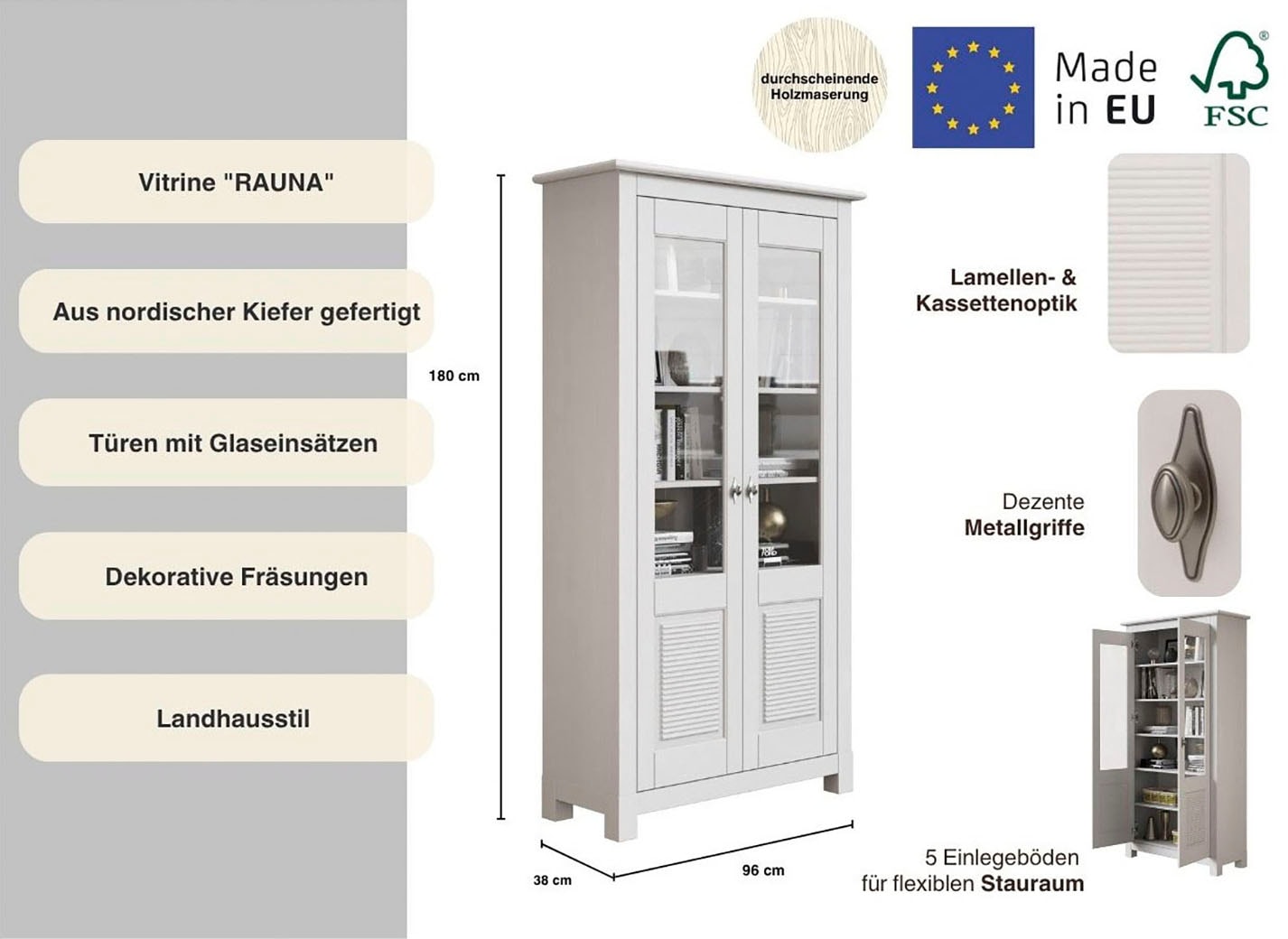 Home affaire Vitrine »Rauna«, Aus massiver Kiefer, Türen mit Glaseinsätzen