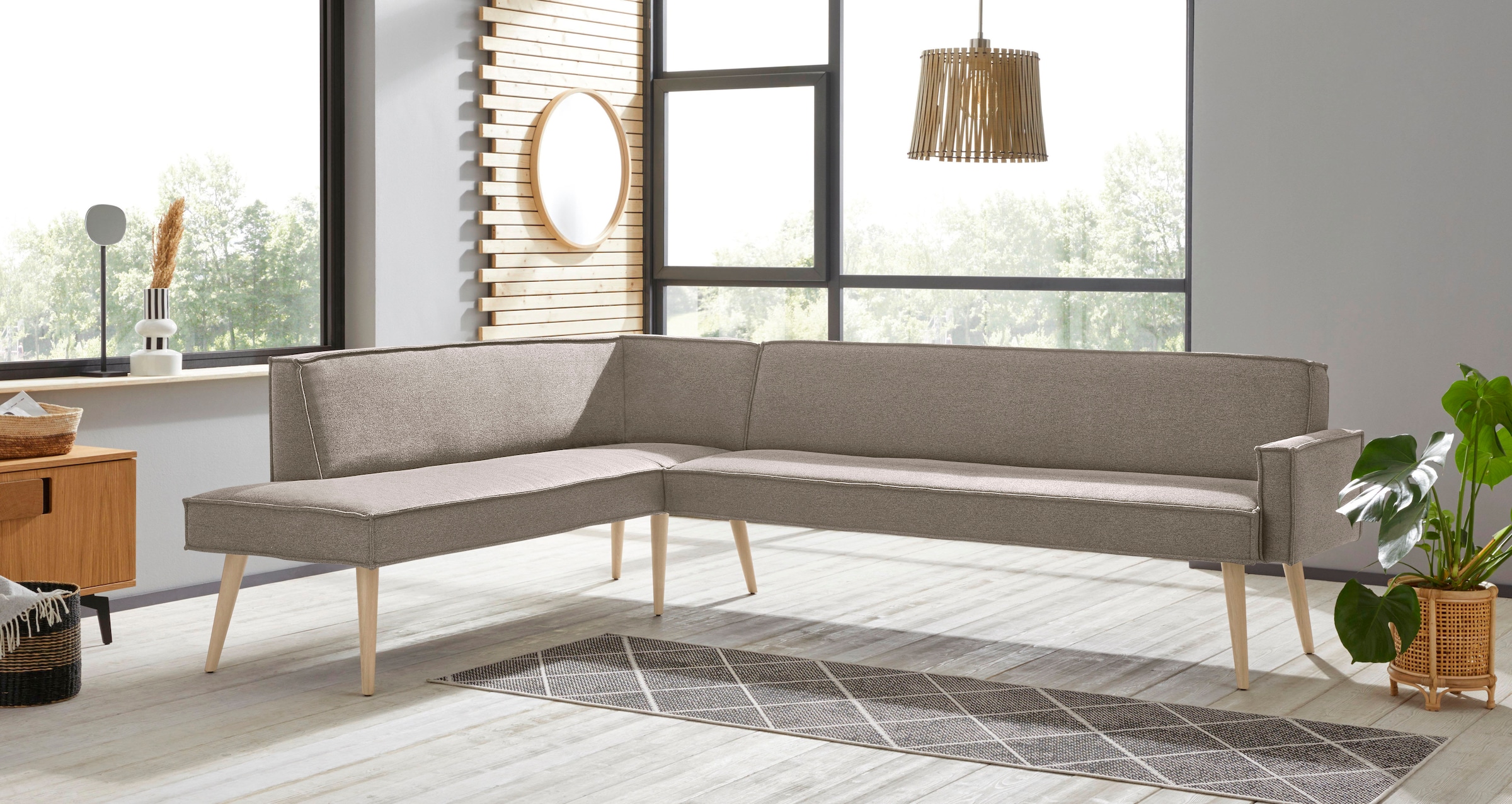 exxpo - sofa fashion Eckbank »Lungo, moderne Kedernaht, bequem und elegant, hoher Holzfuß«, hochwertige Detailverarbeitung, frei im Raum stellbar