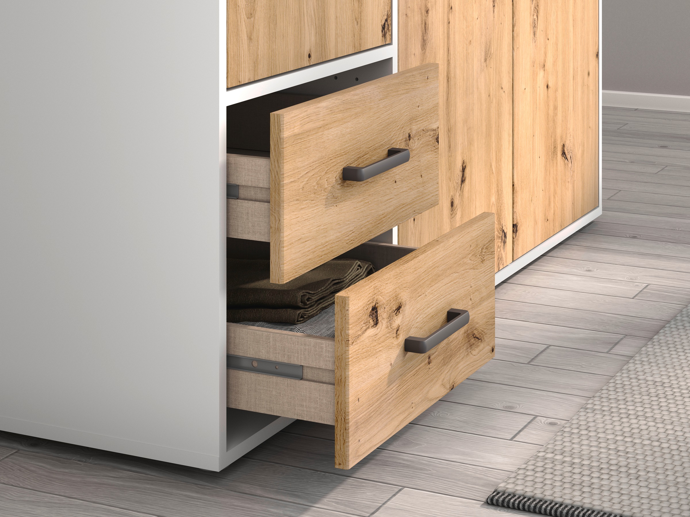 rauch Drehtürenschrank »Kleiderschrank Schrank Garderobe Wäscheschrank VOYAGER«, (in 3 verschiedenen Ausstattungen BASIC/CLASSIC/PREMIUM), mit modernen Griffen in Graumetallic, inkl. Schubkästen und Spiegel