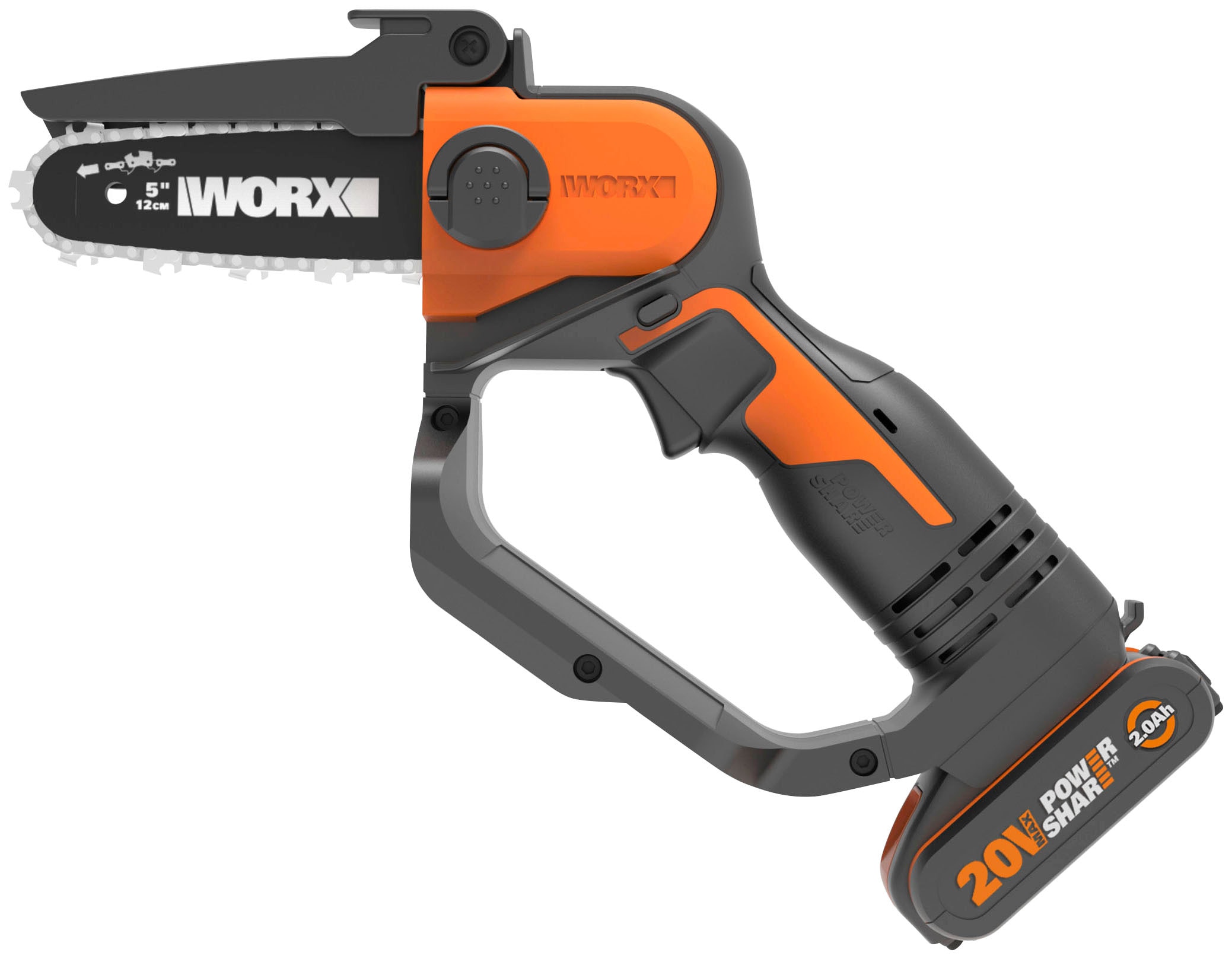 Worx Akku-Kettensäge »20V Akku Einhand Ketten- u. Astsäge, 12cm«, (Set), inklusive 20V/2Ah Akku und Ladegerät