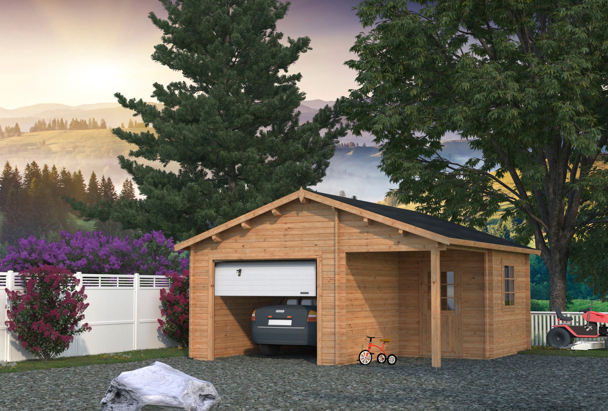 Palmako Garage »Roger«, BxTxH: 564x601x321 cm, mit Anbau und Sektionaltor, hellbraun