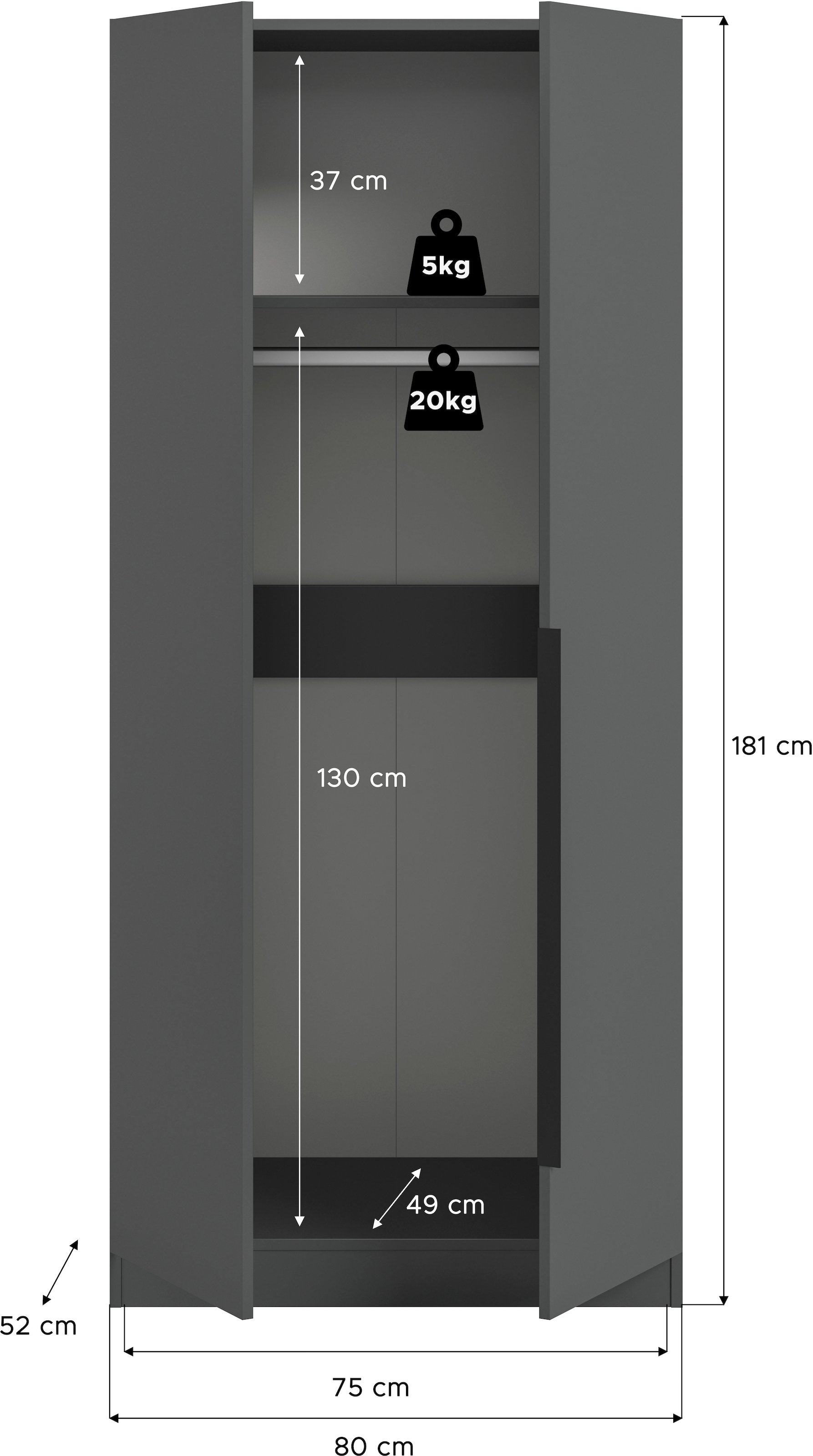 Home affaire Kleiderschrank »Skarde Schlafzimmerschrank, Garderobe, Schrank, Bestseller«, (Otto Bestseller Garderobe Schlafzimmerschrank), Breite: 80 cm, anthrazit, Kleiderstange