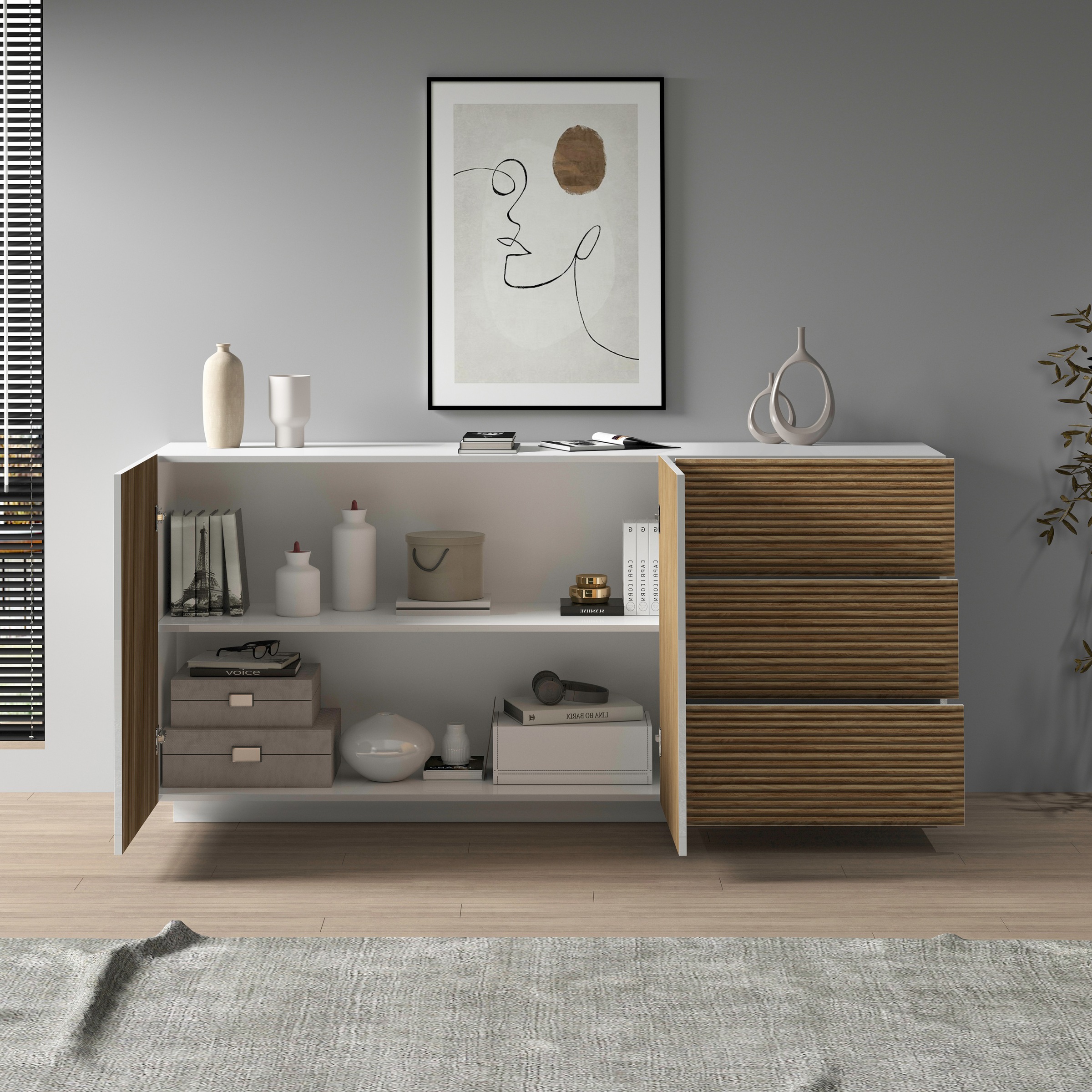 INOSIGN Sideboard »Vega Sideboard,Kommode,180 cm«, mit 2 Türen und 3 Schubladen,Fronten mit Rillen-Optik
