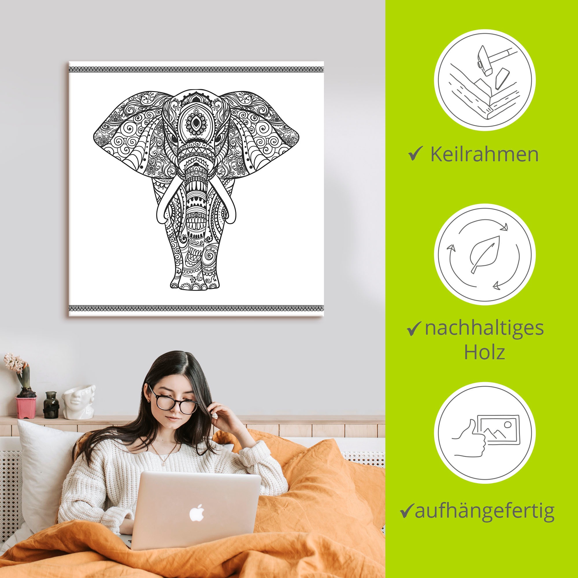 Artland Wandbild »Elefant in Mandala«, Wildtiere, (1 St.), als Leinwandbild günstig online kaufen