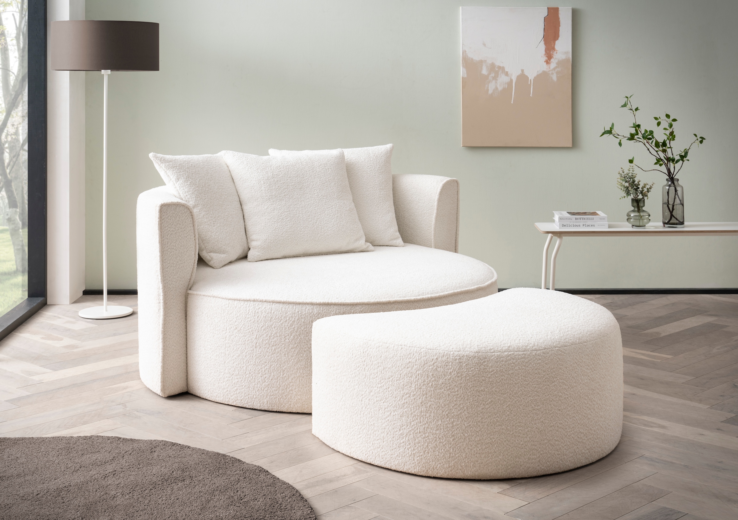 LeGer Home by Lena Gercke XXL-Sessel »ISALIE, Rundsessel mit Hocker, Lesesessel, Loveseat, Big-Sessel«, (Set), trendige Stoffe, 3 Zierkissen, große Sitzfläche, Cord, Samt, Bouclé