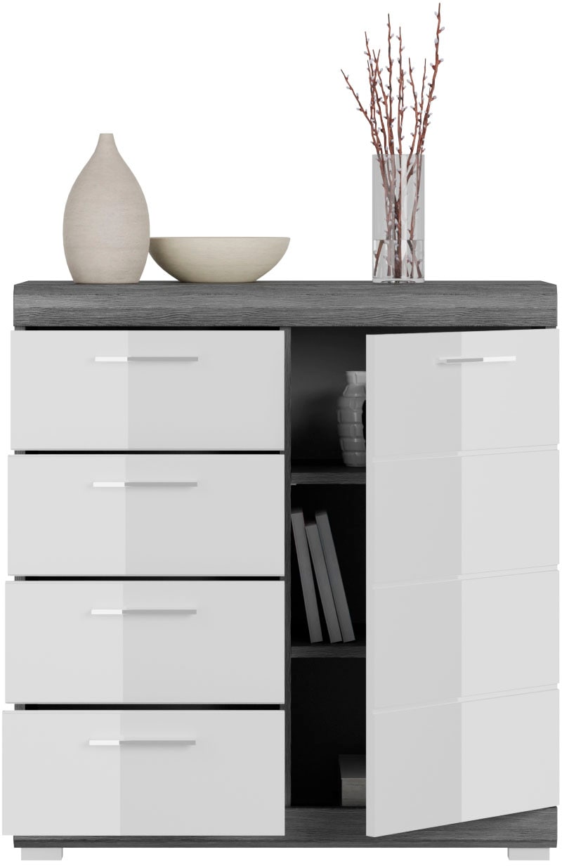 INOSIGN Kommode »Siena, Breite 80 cm, 1 Tür, 2 Einlegeböden, 3 Fächer, 4 Schubkästen«, Front-Rillenfräsung, Schuhkommode, Schuhschrank, Anrichte, Sideboard