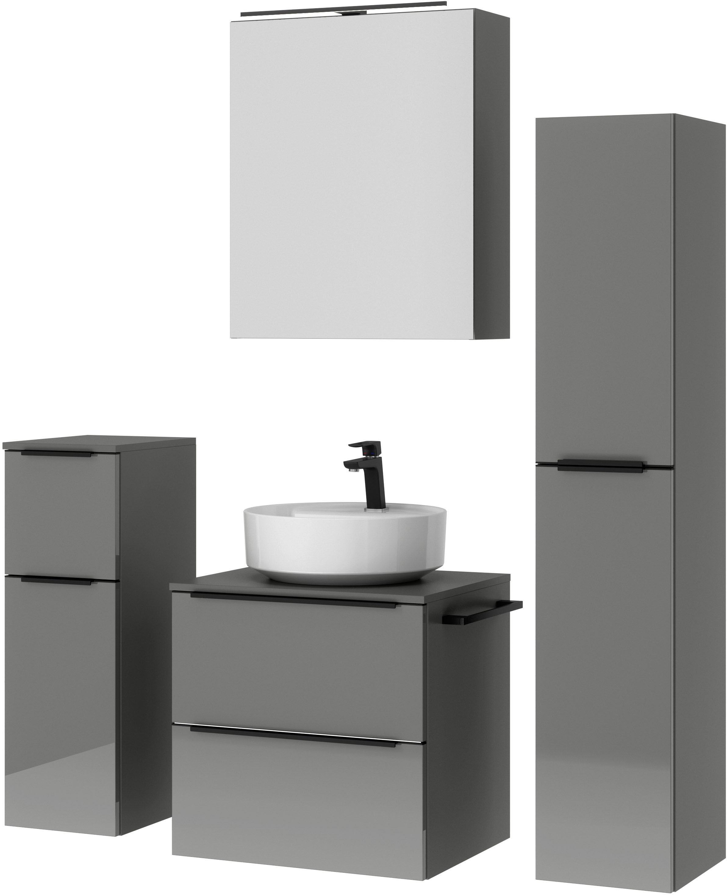 nobilia® Badmöbel-Set »Alvene«, (4 St., vormontiert, mit Soft-Close), inkl. Spiegelschrank mit Beleuchtung und Dimmerfunktion, in 4 Breiten