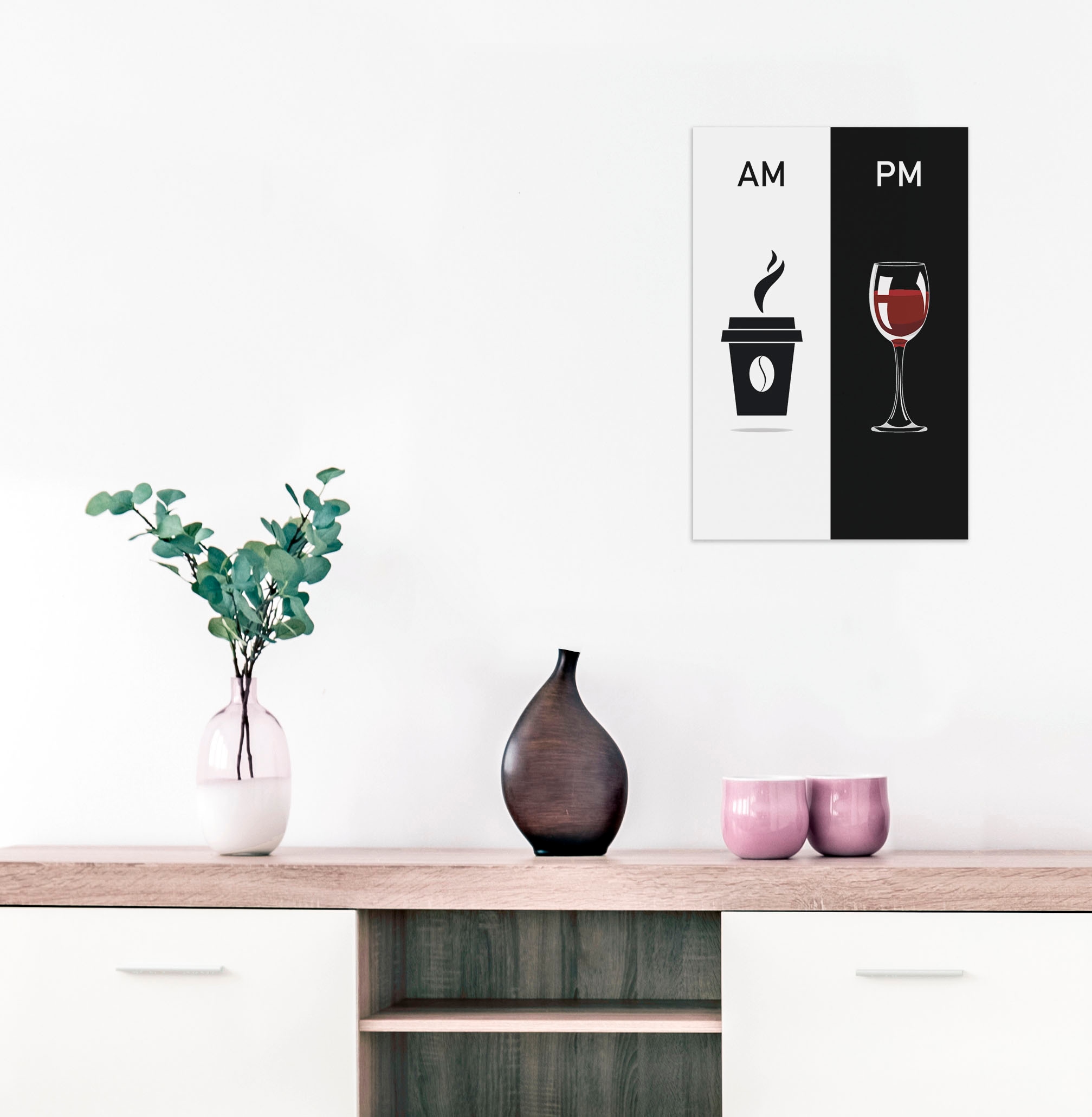 queence Wanddekoobjekt »AM PM - Kaffeebecher und Wein«, Stahlschild, Blechschild, Spruch, Witzig, Wanddeko, retro, 20x30cm