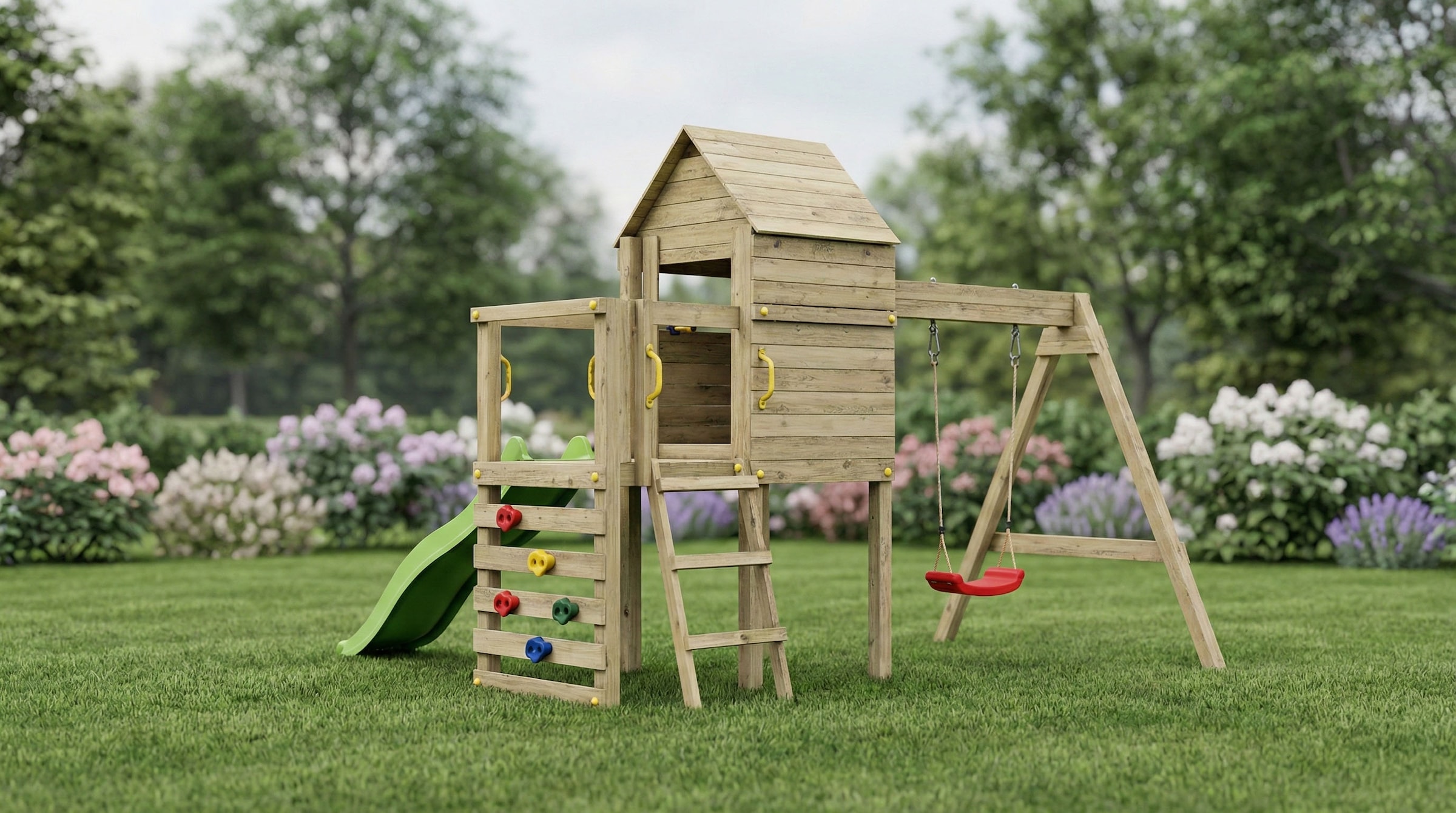 FUNGOO Spielturm »LUOMI« mit Haus, Kletterwand, Rutsche und Schaukel fur Kinder