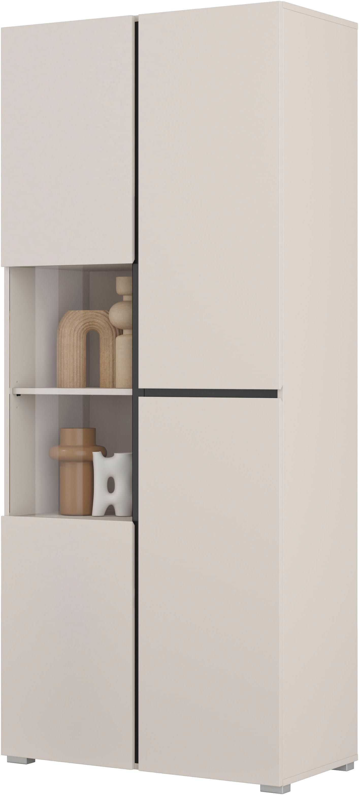 OTTO home Vitrine »Cross, Höhe 183,5 cm, moderne grifflose Standvitrine mit 3 Türen« Hochschrank mit viel Stauraum, Glastür und verstellbaren Einlegeböden
