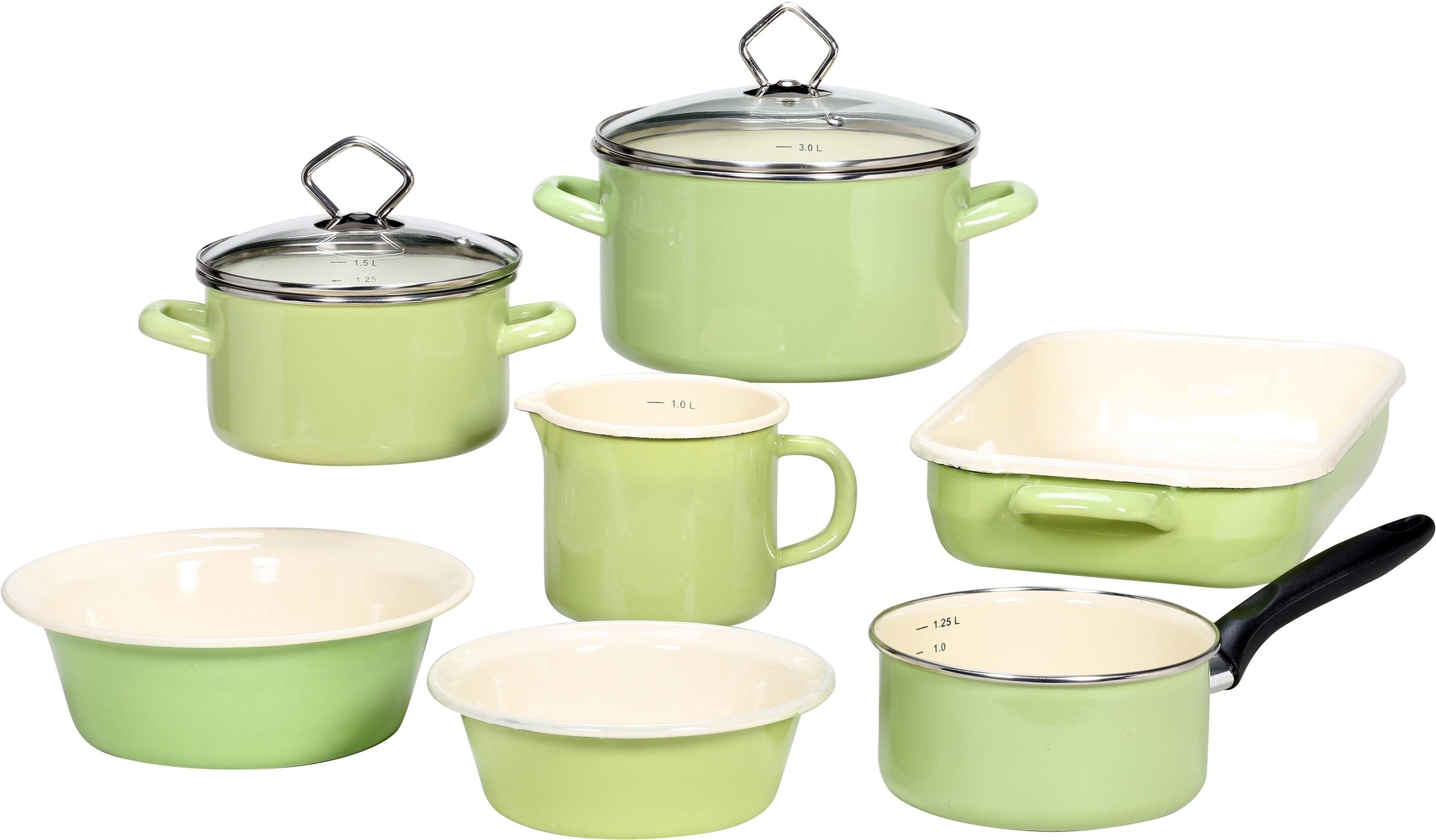 KRÜGER Topf-Set »Juist« Emaille Set, Kochtopf 16/20 cm, Kasserolle 16 cm, Milchtopf 12 cm, Pfanne 32x22 cm, 9 Stk. tlg. Induktion hellgrün/cremefarben