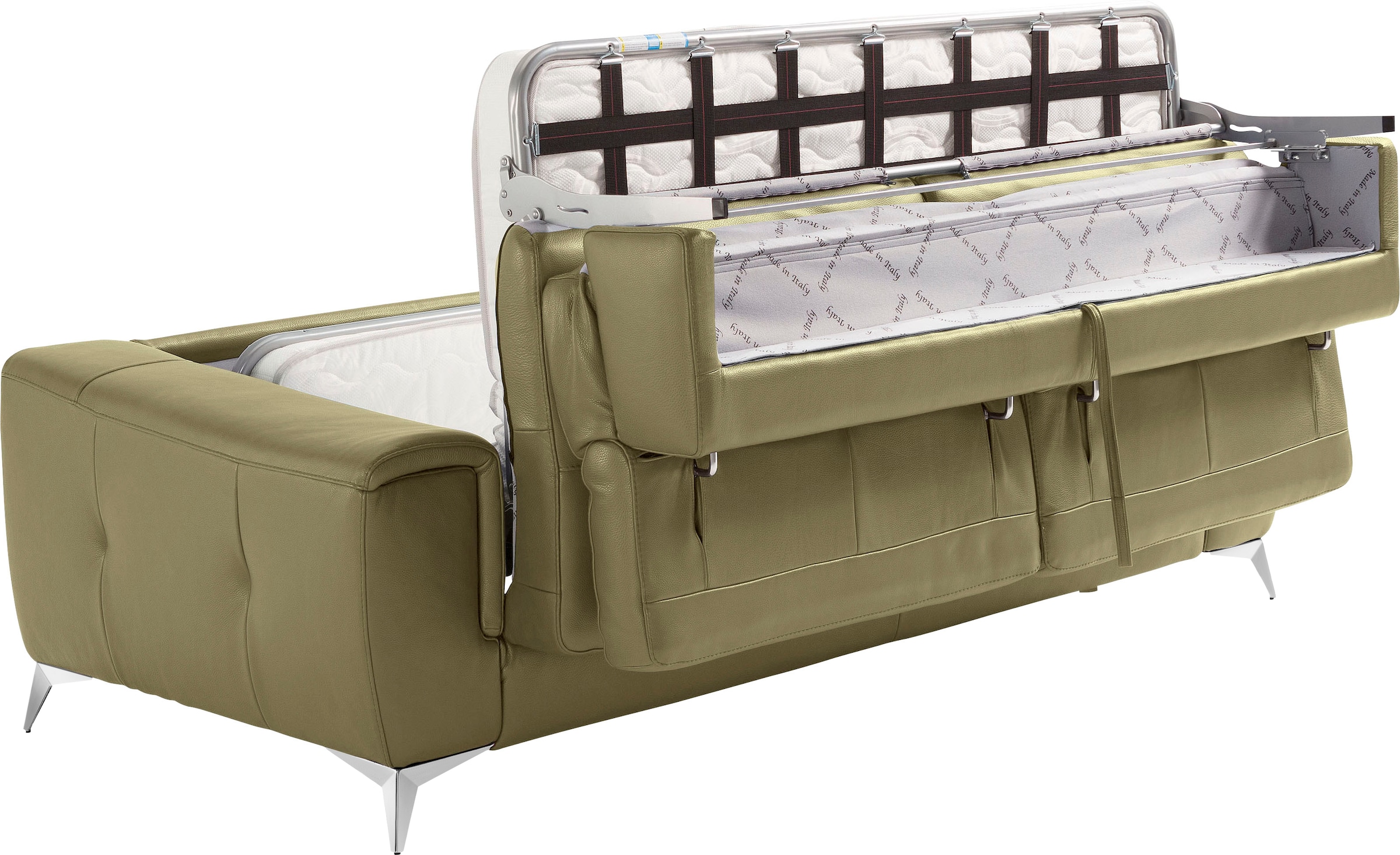 Egoitaliano Schlafsofa »Francine Designsofa, Loungesofa mit Dauerschlaffunktion, Breite 233 cm«, mit Bettfunktion, Leder BULL, salbei, Fußfarbe chrom