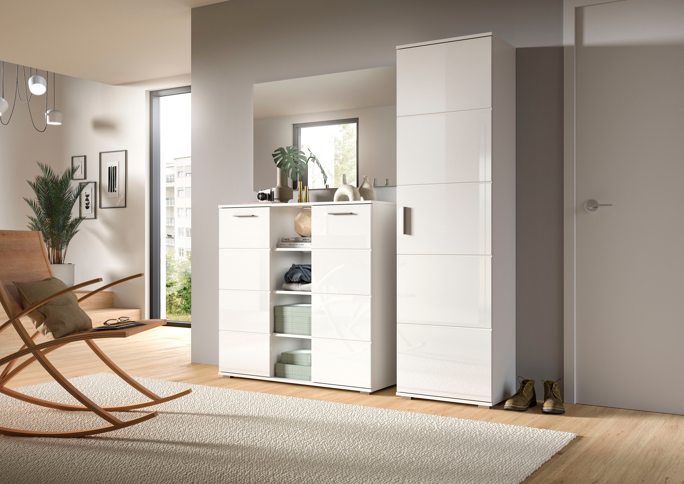 INOSIGN Garderoben-Set »Valge, Breite 180 cm inkl. 15cm Typenabstand, 3-tlg. Set, best. aus:«, (3 St.), Highboard, Garderobenspiegel und Garderobenschrank