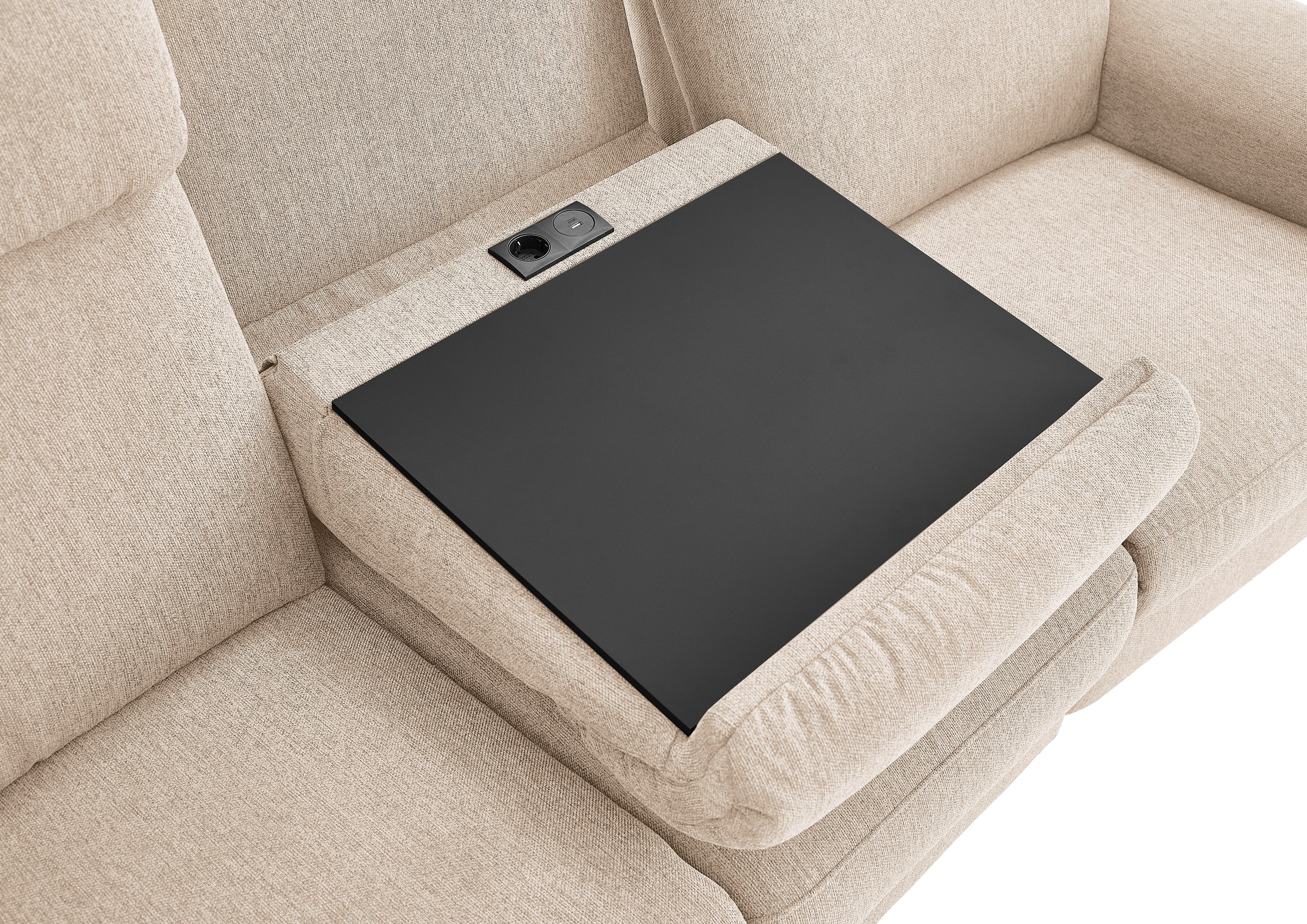 Home affaire Polstergarnitur »Turin, 2,5- & 3-Sitzer mit elektrischer Relaxfunktion« Set, 3-Sitzer mit Tischelement inkl. USB-Ladestation & Steckdose, 4 tlg. tlg. inkl. Tisch, USB & Steckdose, Federkern & pflegeleichtem Bezug