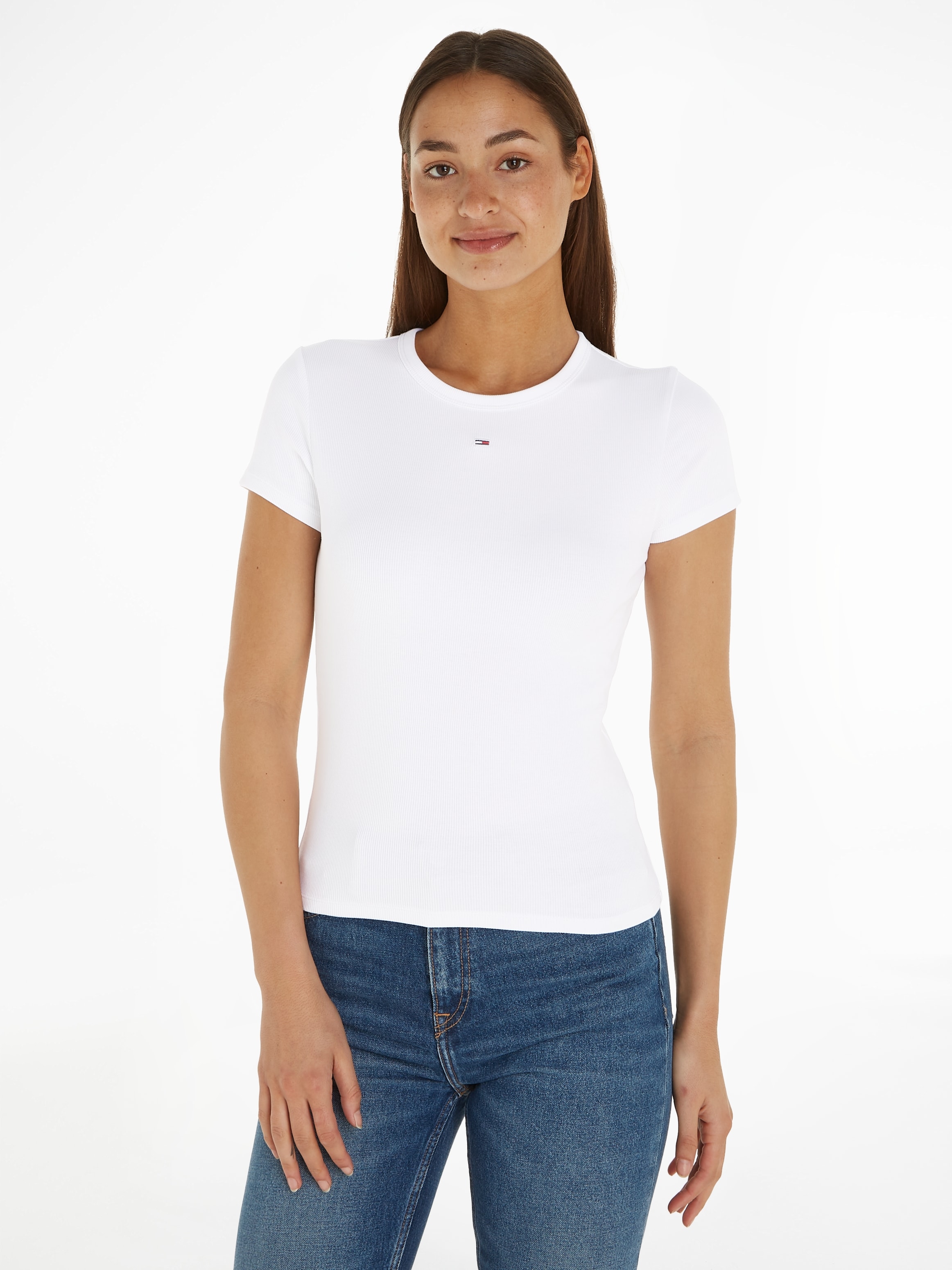 T-Shirt »Slim Essential Rib Shirt, Rippshirt Rundhalsshirt«, mit Logostickerei