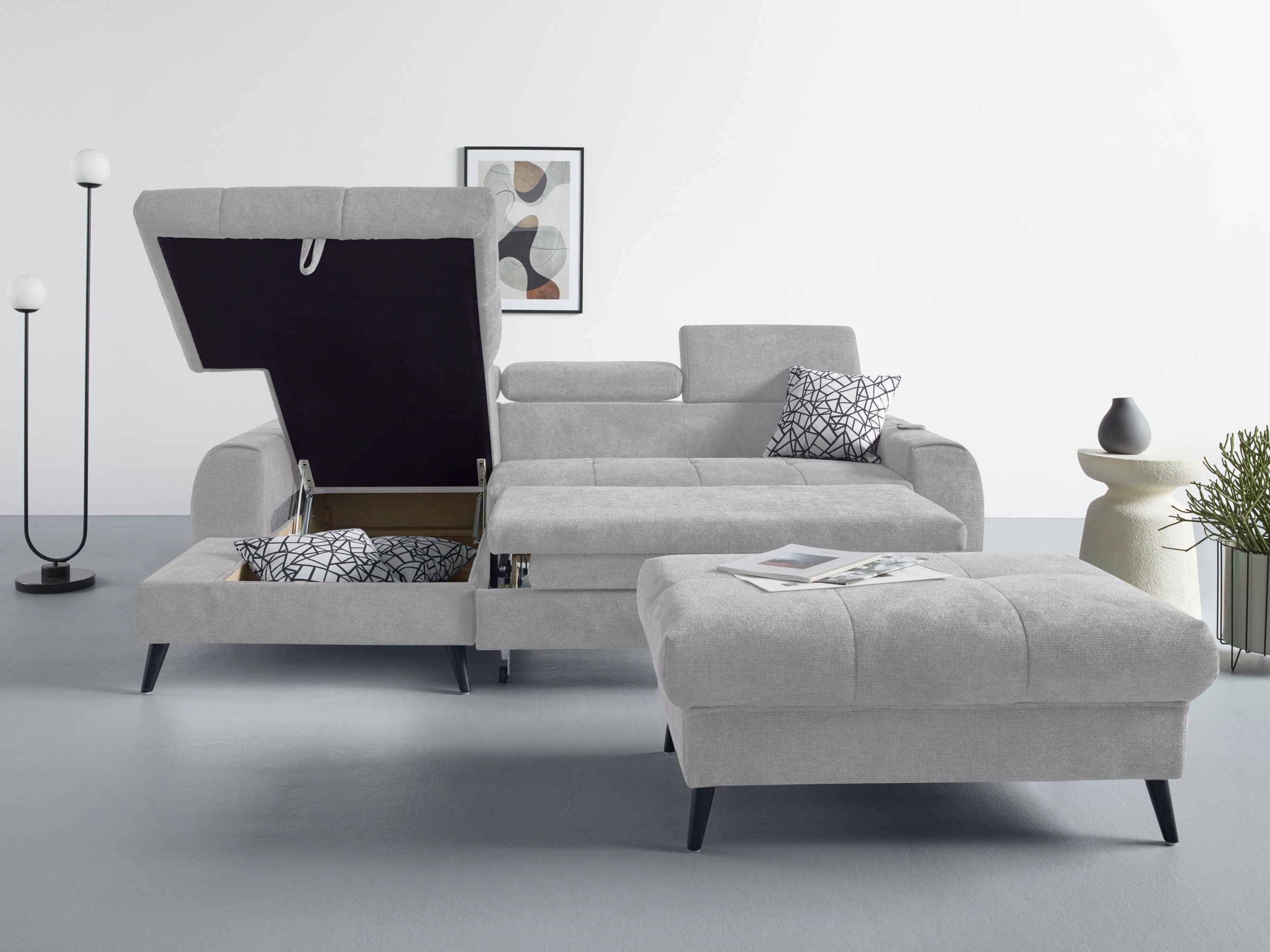 COTTA Ecksofa »Mia L-Form mit 3 Zierkissen«, wahlweise mit Bettfunktion, Bettkasten, Beleuchtung & Wireless-Charger