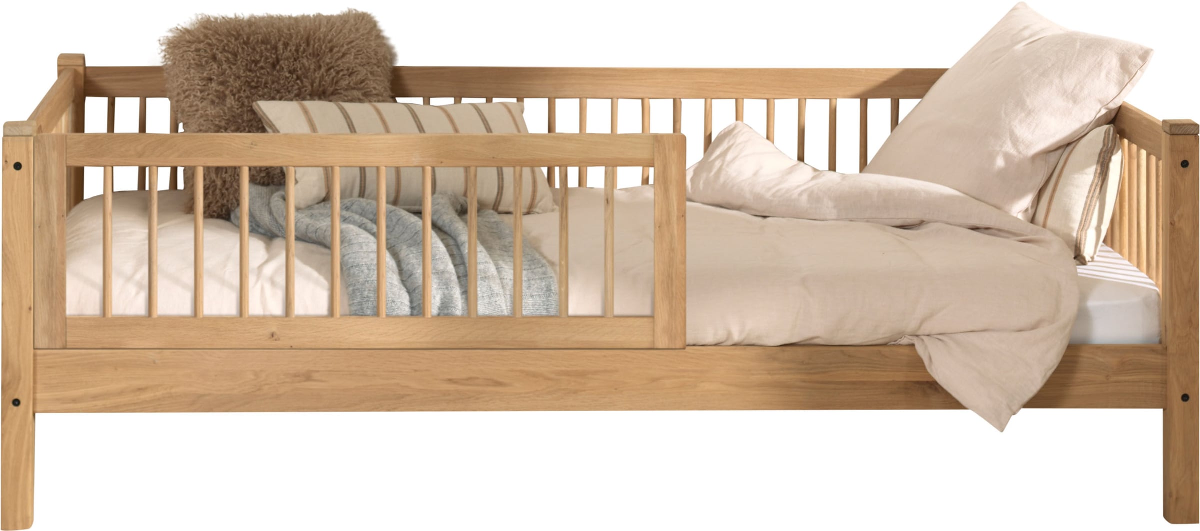 Home affaire Daybett »Forrest 90/200 aus massiver Eiche, Oberfläche geölt, stabil gebaut«, (B/H/T ca. 207,5x68x97,5cm, inkl. Massivholz Rolllattenrost), mit Sprossenumrandung, Rausfallschutz vorne, ohne o. mit Bettschublade