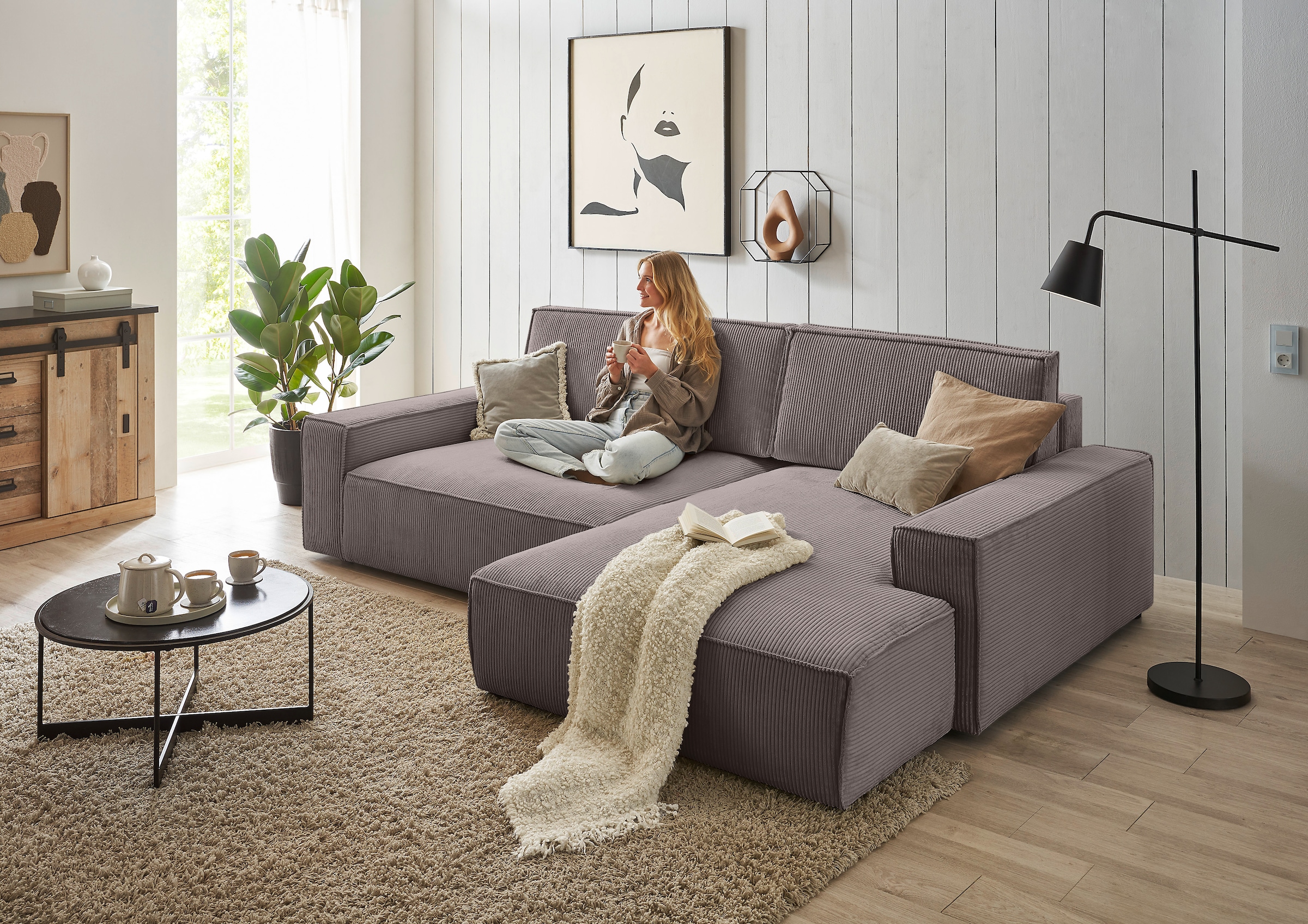 Home affaire Ecksofa »NEU: SHERWOOD XXL 284, Big-Sofa L-Form, tiefe Sitzfläche 95 cm, Cord«, Recamiere rechts/links, als Schlafsofa stellbar, Cord u. Leinenoptik
