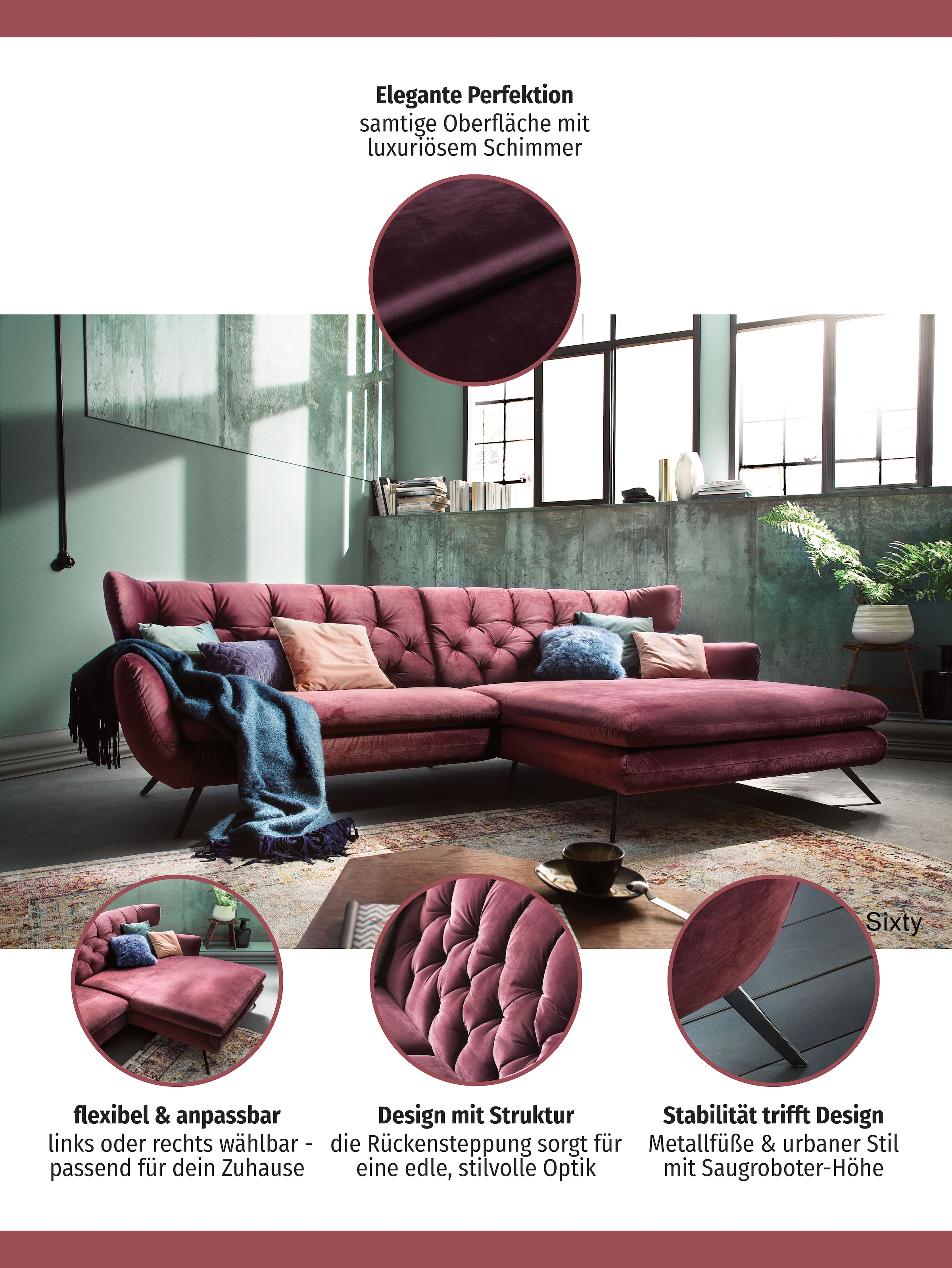 3C Candy Ecksofa »Beatrice Designsofa in moderner Retrooptik, bequem und extravagant«, mit Rückensteppung im Rautenmuster, Ohrenbacken Optik, L-Form