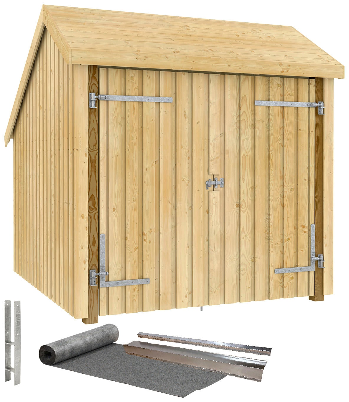 PLUS Gartenhaus, (Packung), Fahrradunterstand mit Doppeltür, Dachpappe/Aluleisten/H-Pfostenfüße