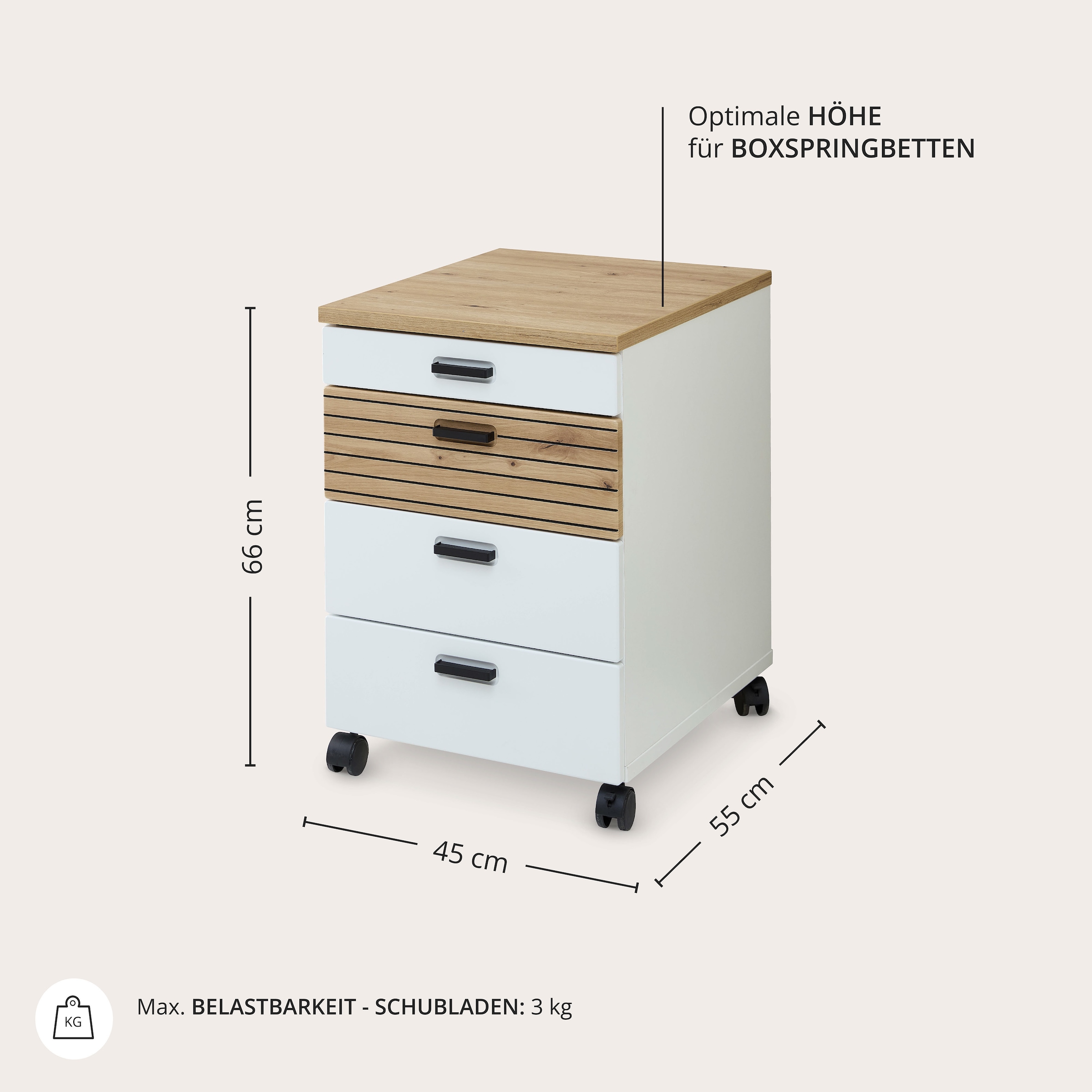 Innostyle Rollcontainer »Nachtkommode Glenn, 45 x 66 x 55 cm (B/H/T)«, (1 St.), inkl. Filzeinlage, 4 Rollen (2 mit Bremsen) oder Sockel, SK Soft-Close