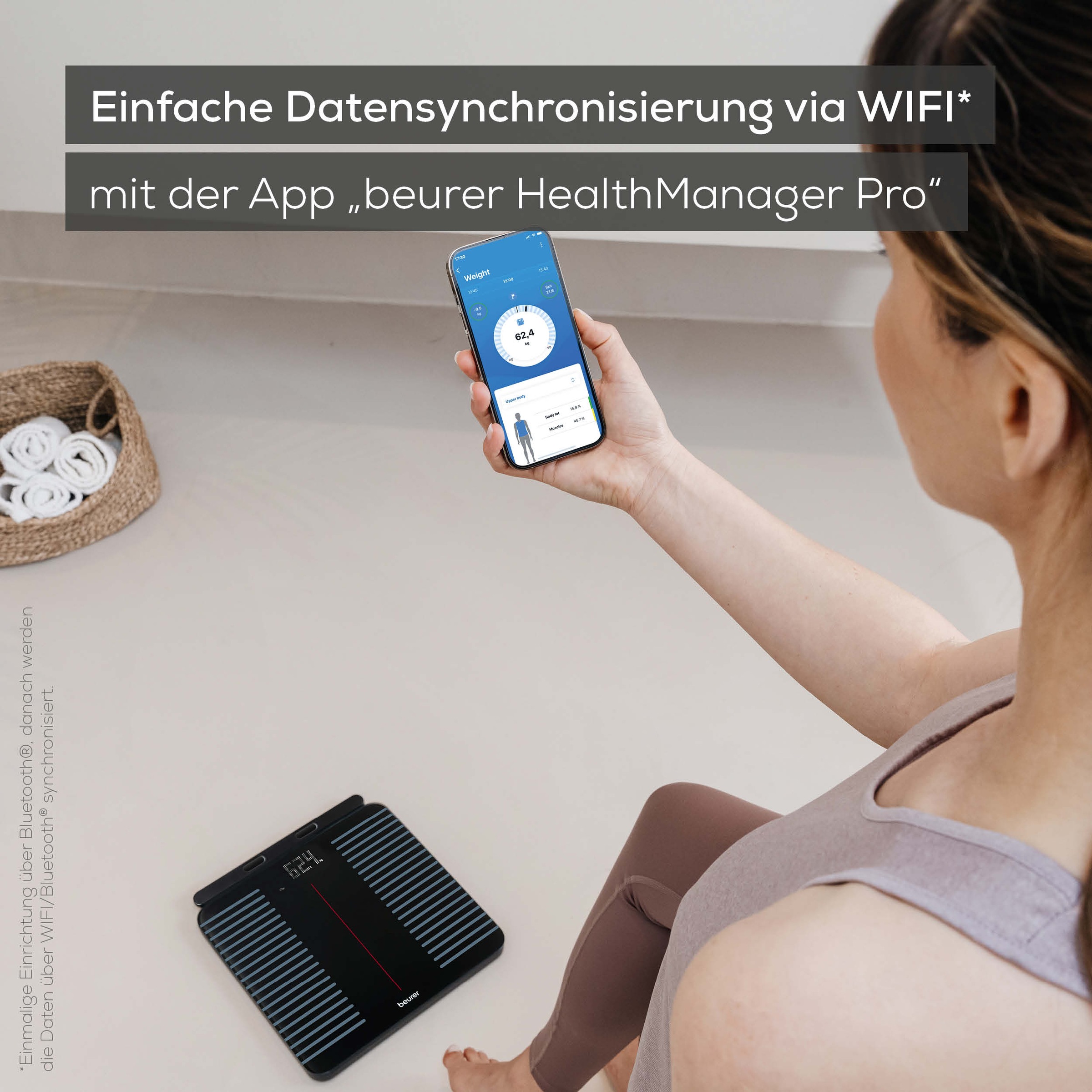 BEURER Körper-Analyse-Waage »BF 990 Diagnosewaage zur Ganzkörperanalyse, 180 kg, App-Verbindung«, Mit Handsensoren und App-Anbindung via WIFI/Bluetooth, 25 Messwerte
