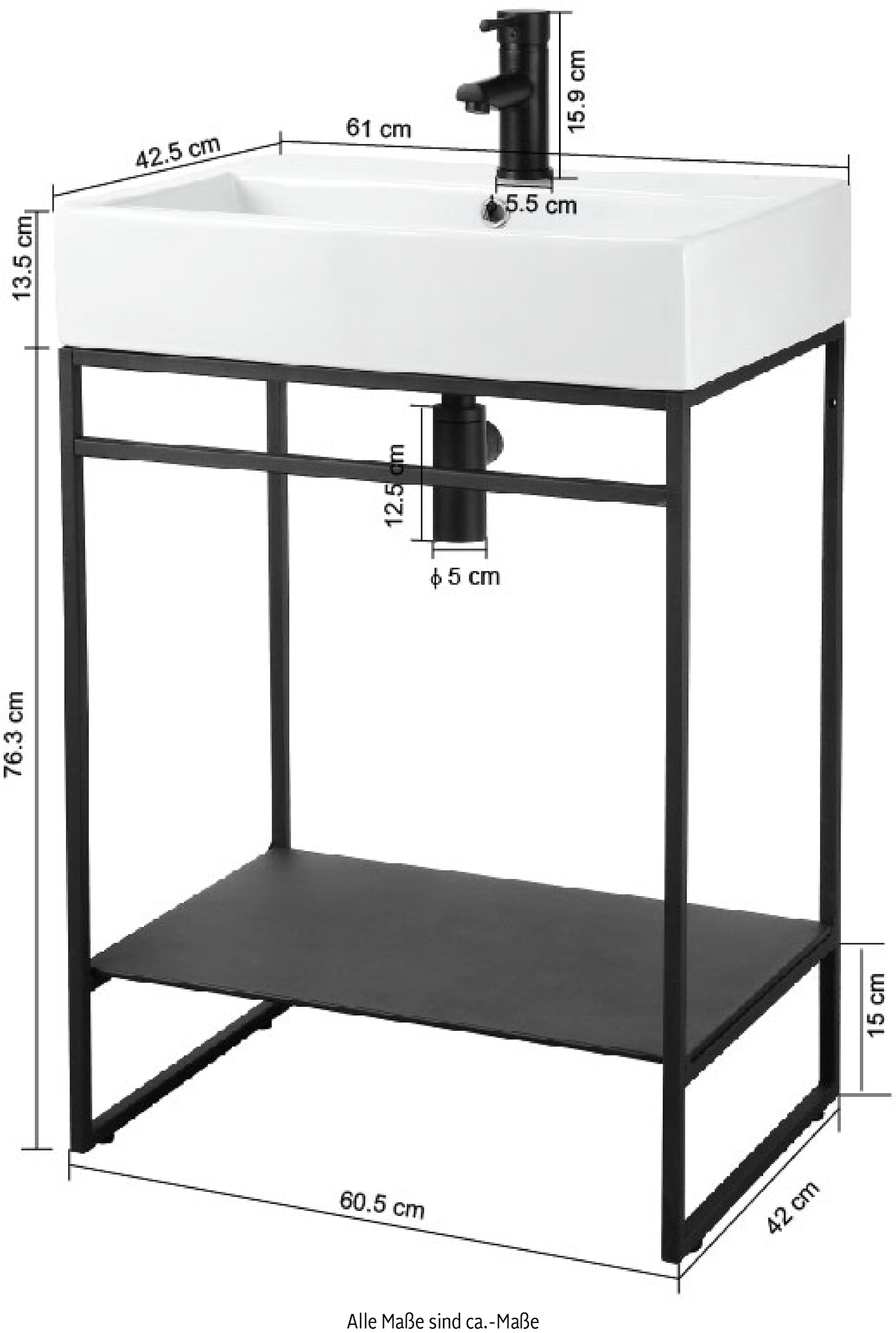 welltime Waschtisch »Loft«, Badmöbel, schwarz, mit Keramikwaschbecken, Breite 60cm