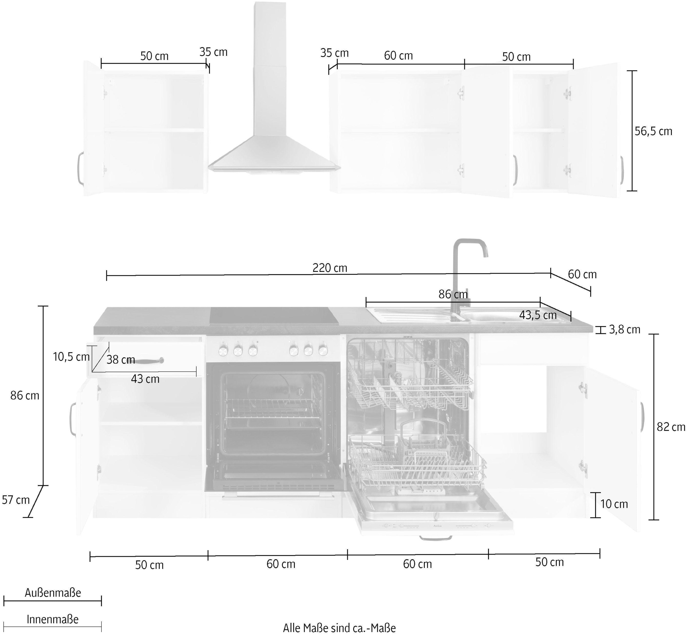 wiho Küchen Küchenzeile »Erla«, ohne E-Geräte, Breite 220 cm