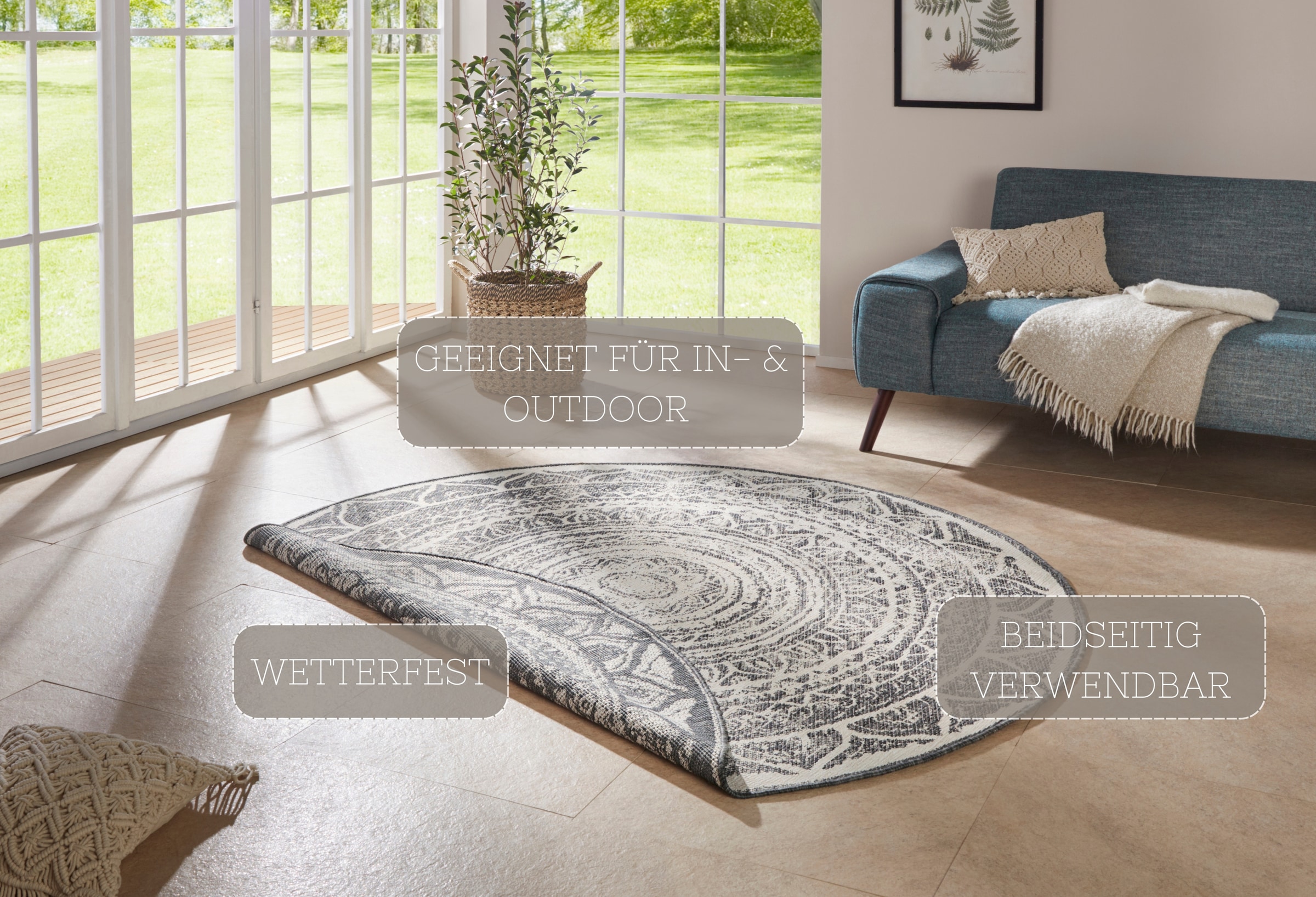 HANSE Home Teppich »Siruma Wendeteppich«, rund, 5 mm Höhe, In- & Outdoor, beidseitig, Orientalisch, Teppich, Garten, Flur
