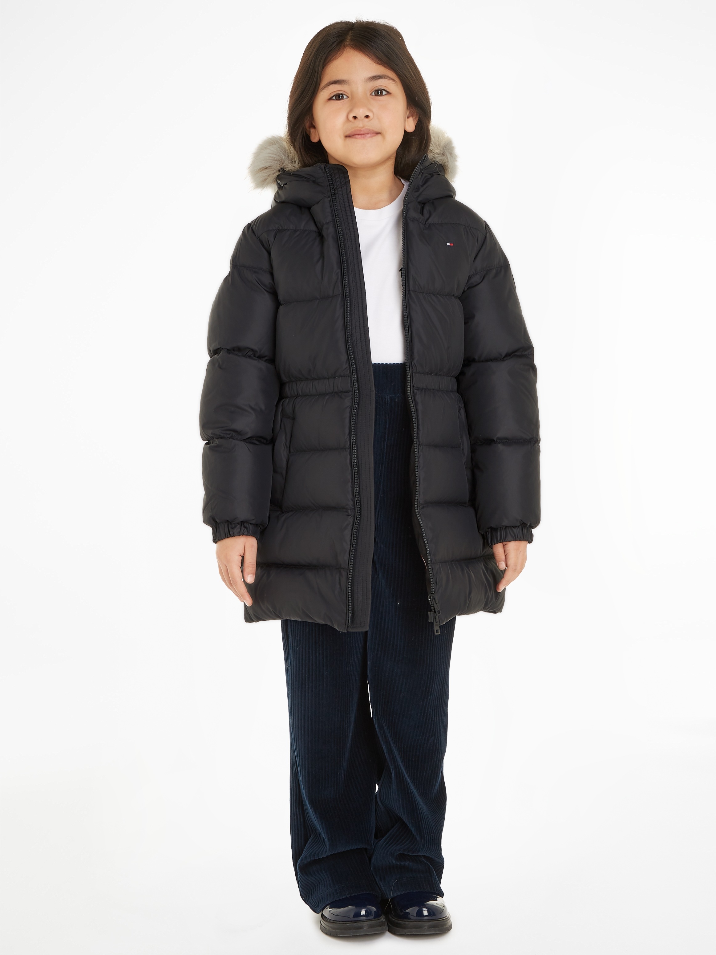 Tommy Hilfiger Steppjacke »LONG WAISTED DOWN JACKET«, mit Kapuze, mit Fellimitat