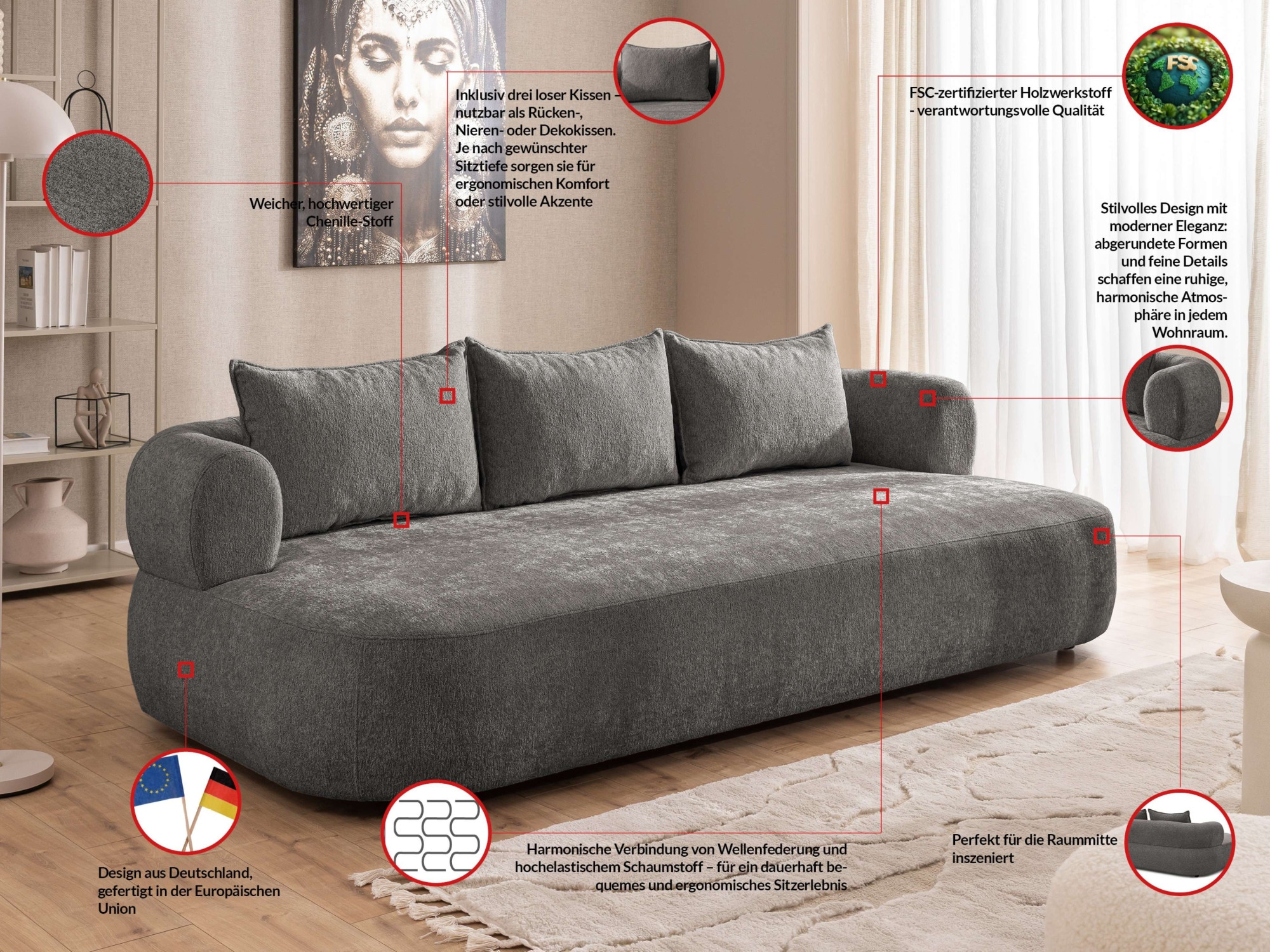 Home affaire Big-Sofa »LUSSAC 4-Sitzer Design-Sofa mit Zierkissen, Maße B/T/H: 242/123/78 cm« hoher Sitzkomfort und modernes Design, Sofa ohne Bettfunktion