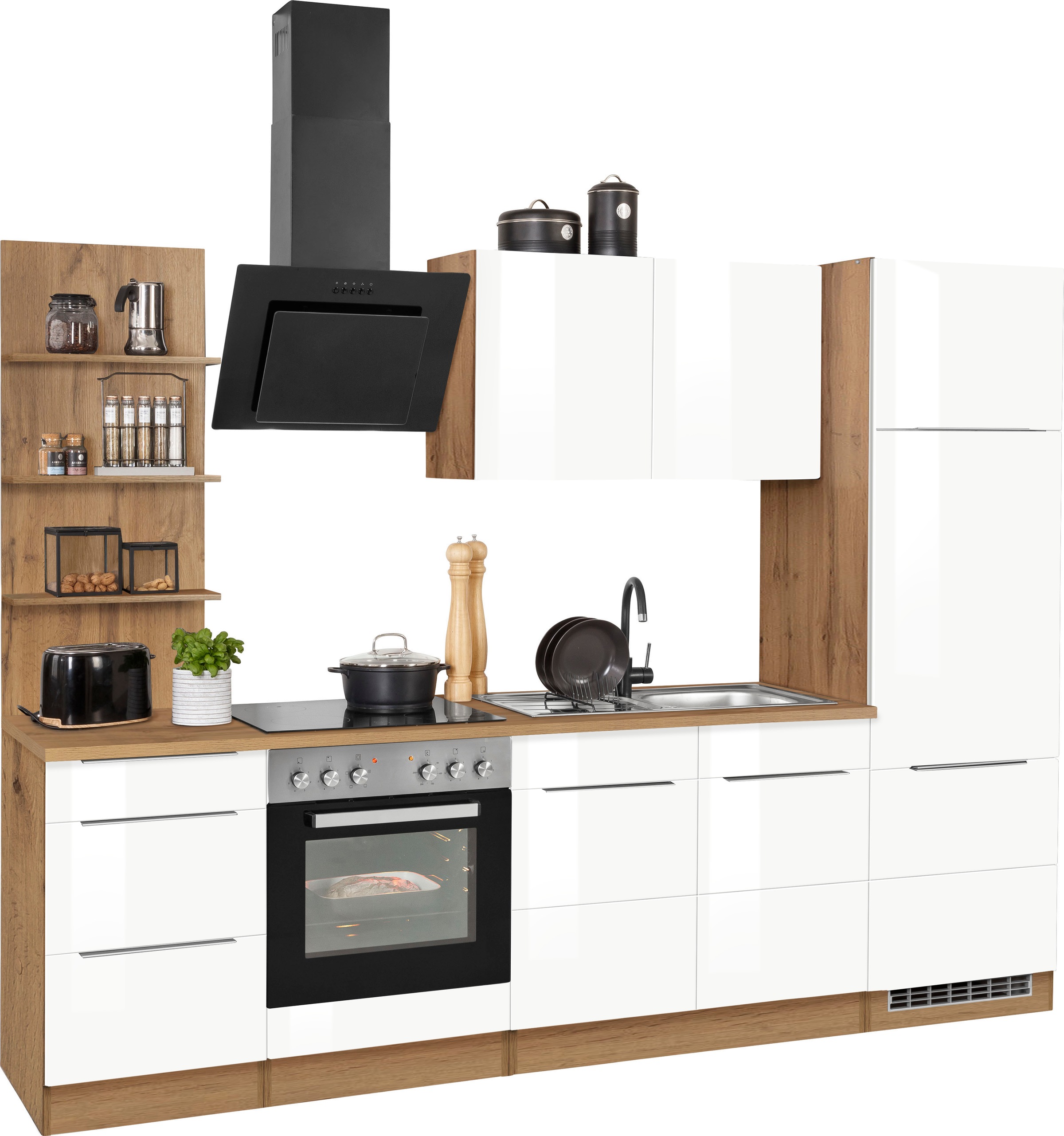 KOCHSTATION Küchenzeile »KS-Brindisi«, Breite 270 cm, wahlweise mit E-Geräten, mit MDF-Fronten und Regal
