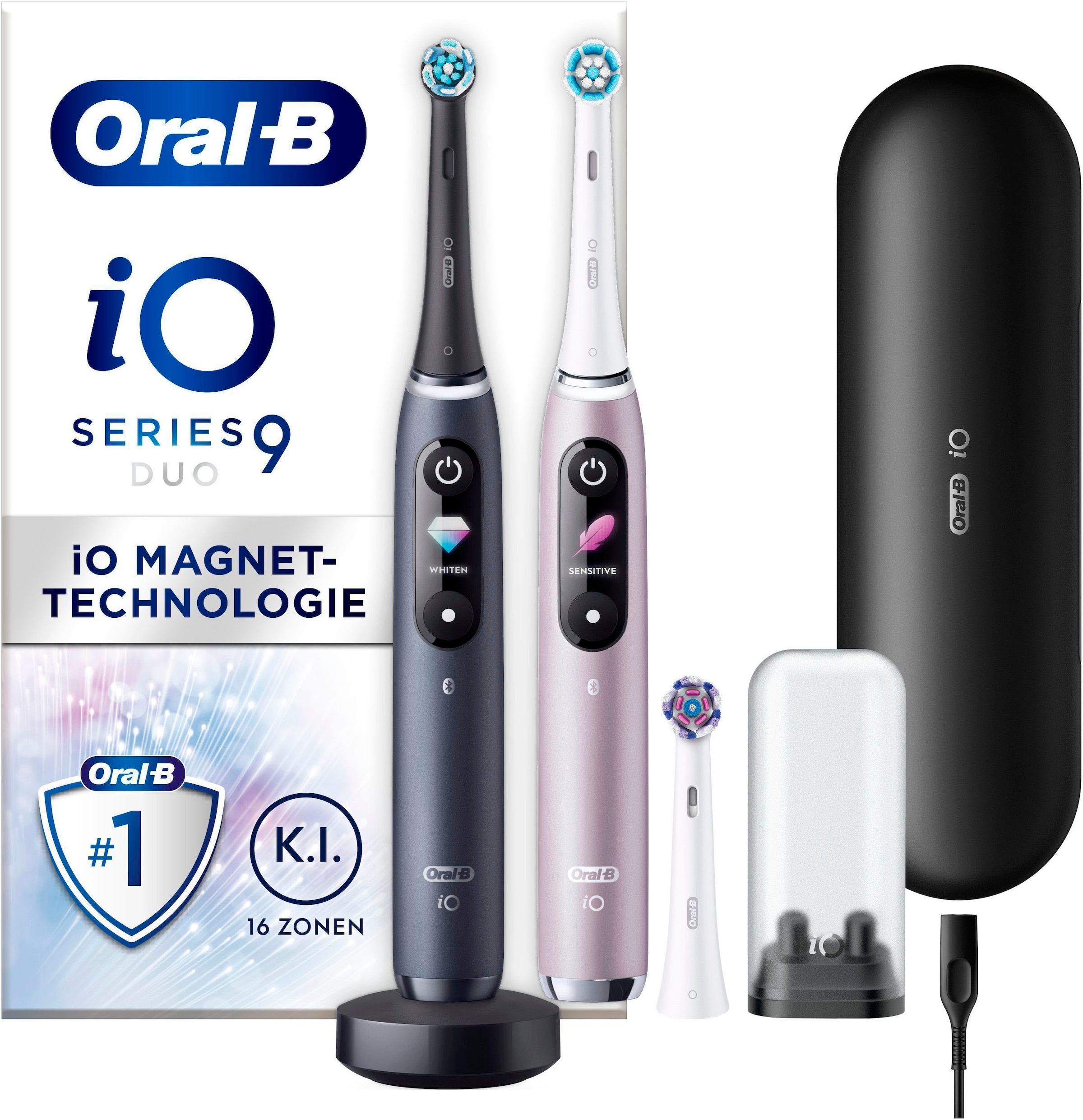ORAL-B Elektrische Zahnbürste »iO 9 Duopack« 3 Stk. Aufsteckbürsten mit Magnet-Technologie, 7 Putzmodi, Farbdisplay & Lade-Reiseetui black...